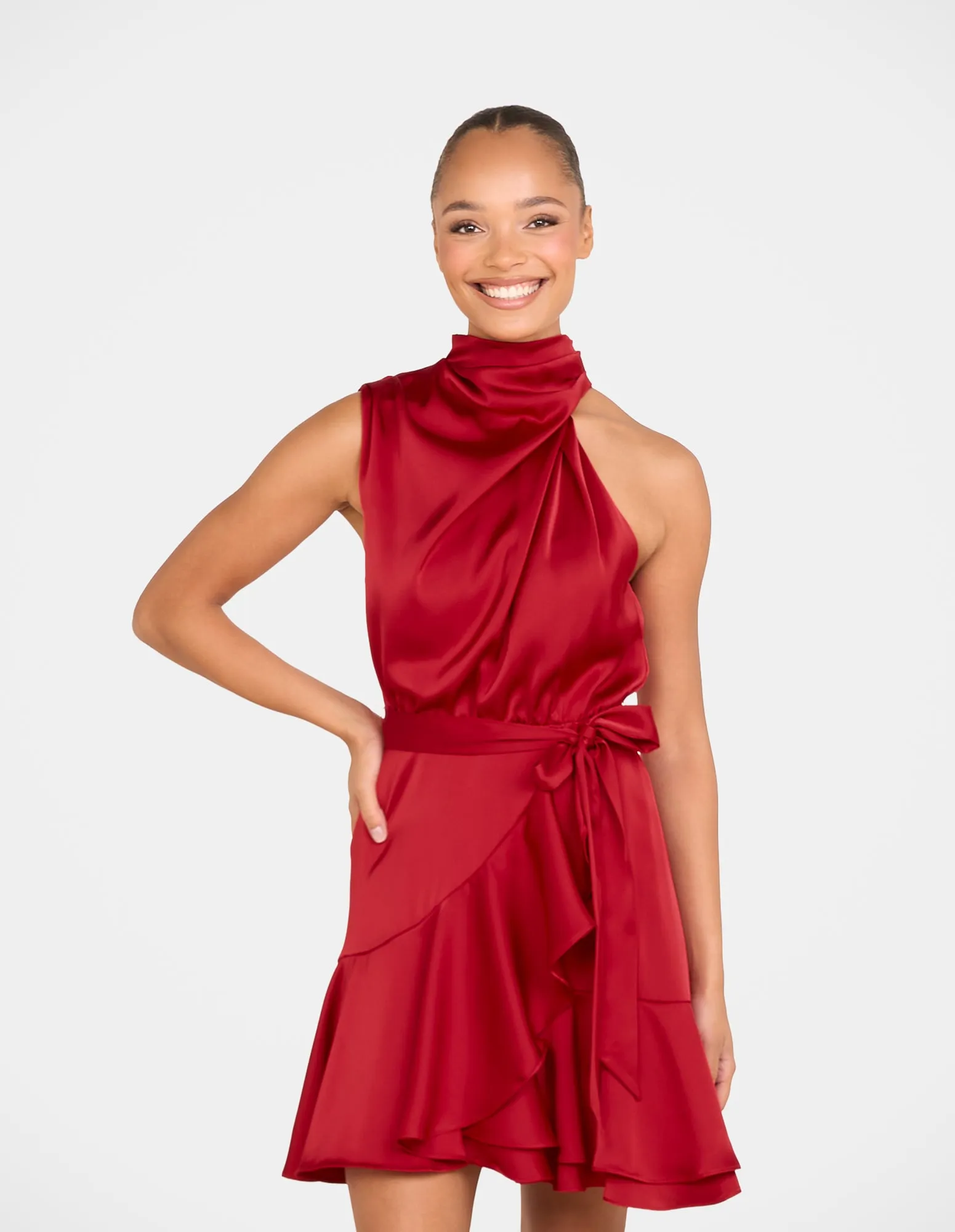 Clasp-Closure Bebe Cowl Neck Mini Dress