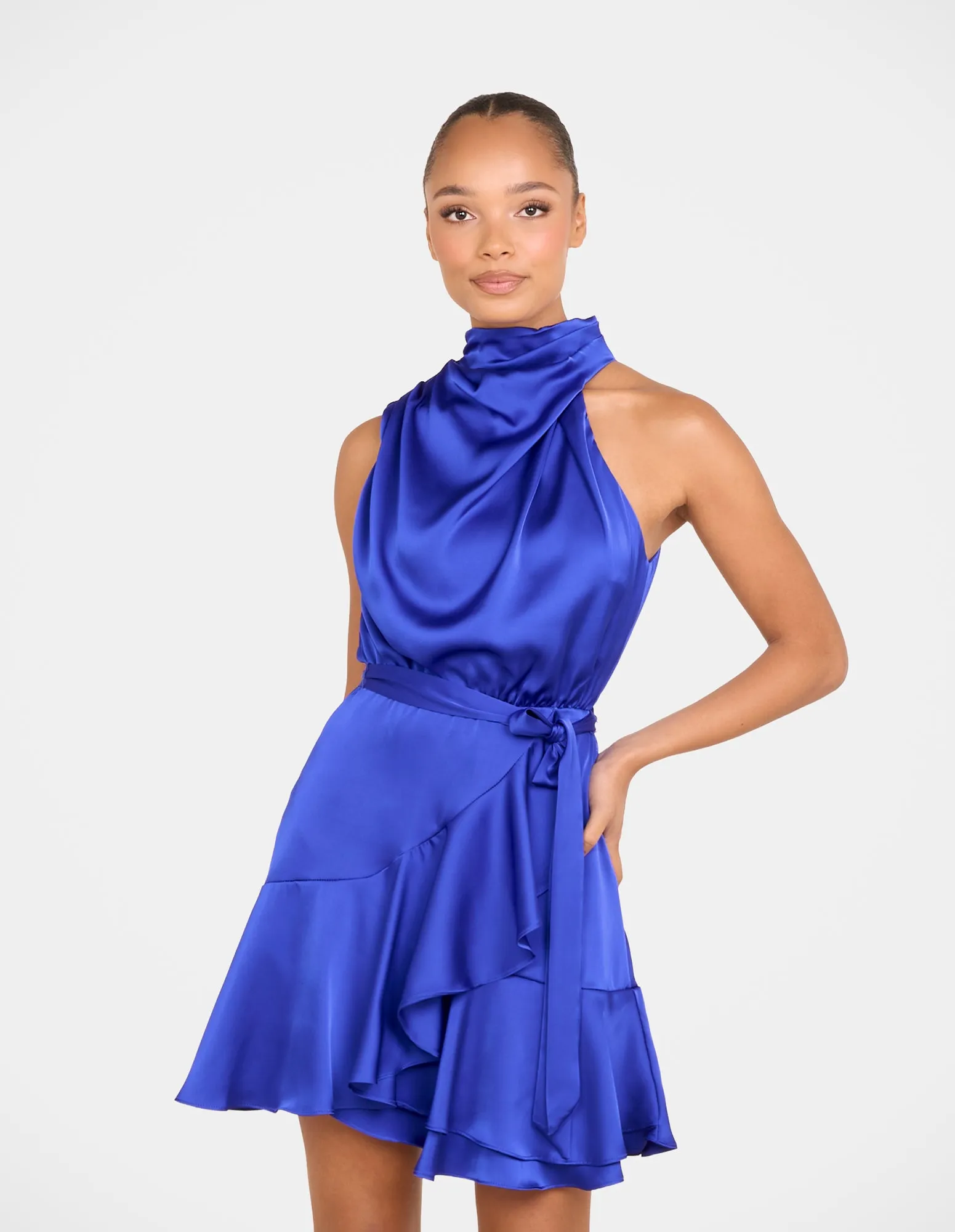 All-Day Fit Satin Grace Bebe Cowl Neck Mini Dress