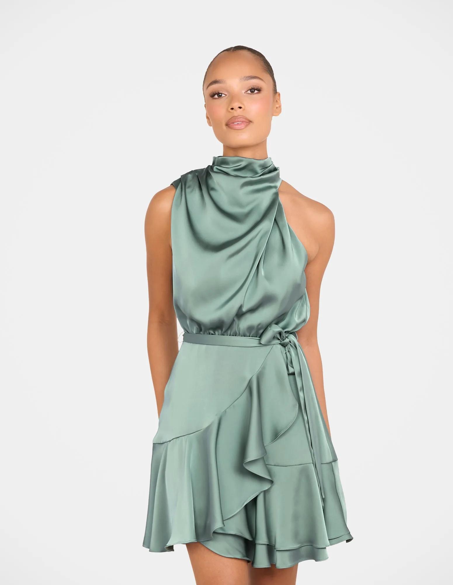 Bebe Cowl Neck Mini Dress Silky Shine Autumn Mood