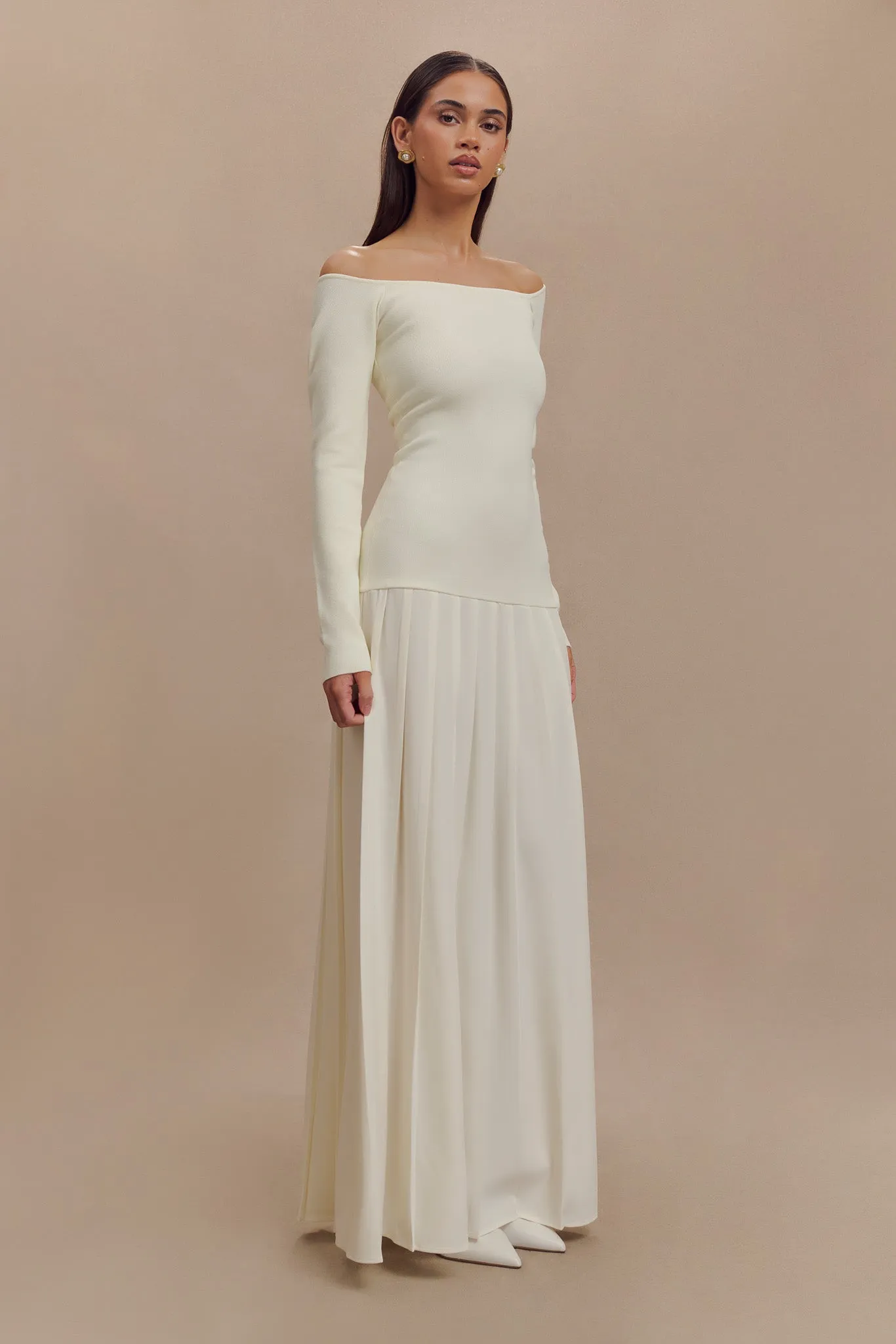 Playful-Detail Calm Beauty Presley Knit Off Shoulder Maxi Dress - Ivory