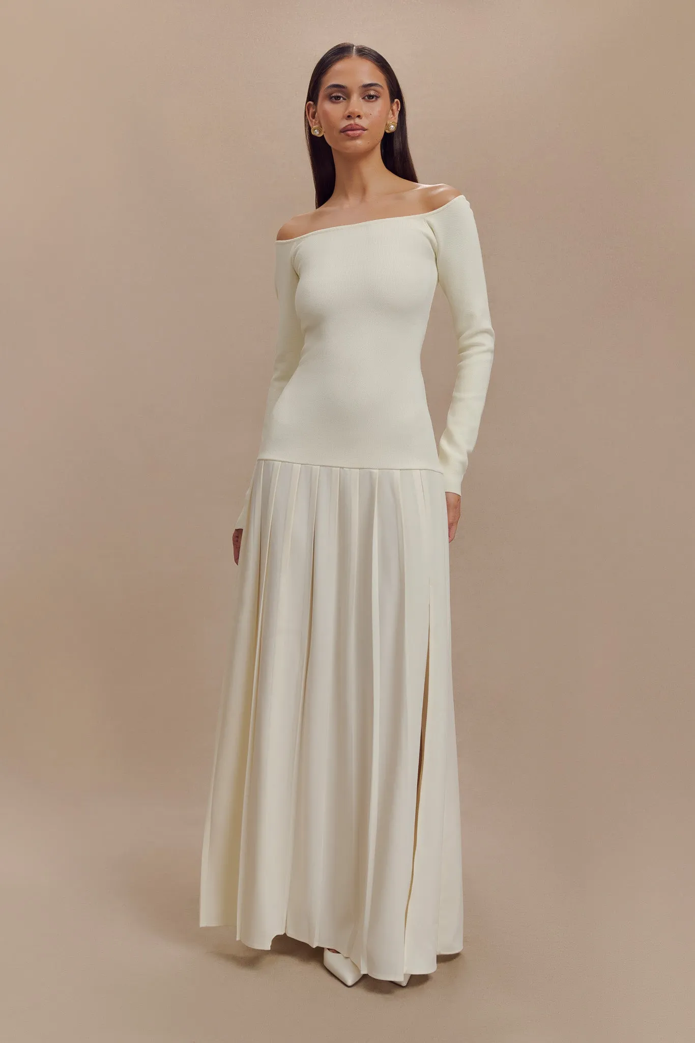 Presley Knit Off Shoulder Maxi Dress - Ivory Light Blend Modest Look