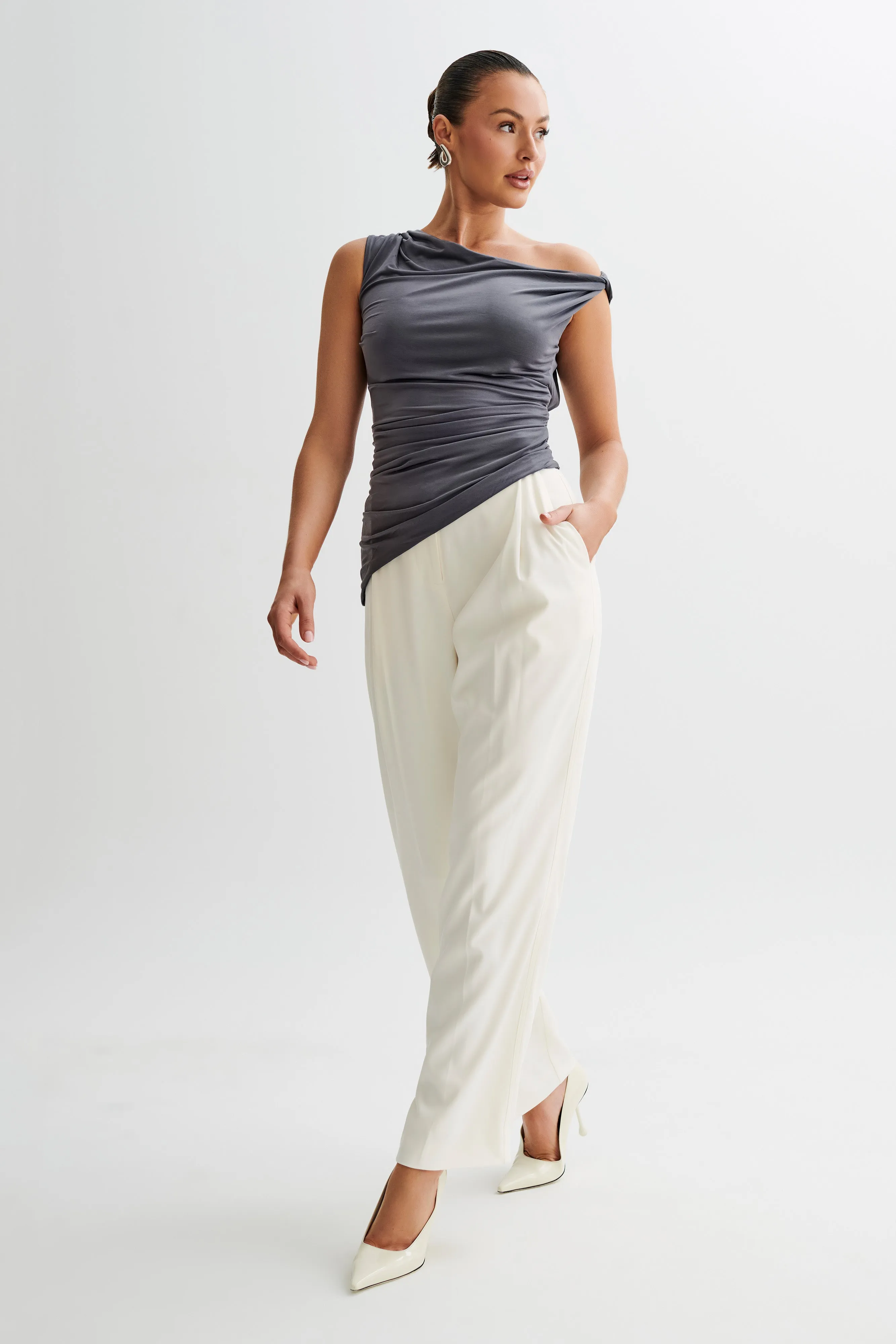 Prianyka Slinky Sleeveless Top - Charcoal Adjustable Hemline LightweightMaterial