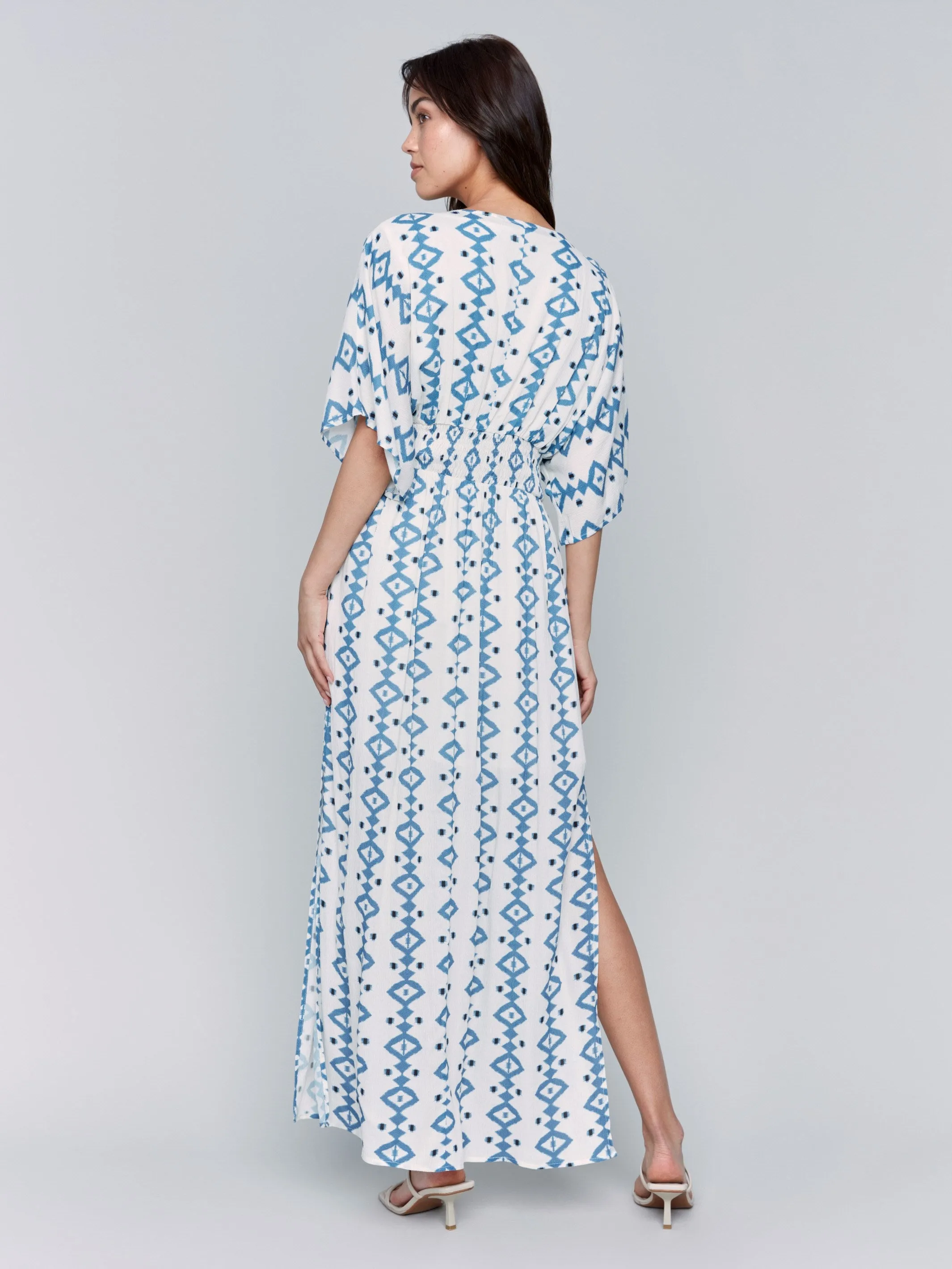 Elegant Comfort Printed Dolman Sleeve Maxi Dress with Side Slits - Geo