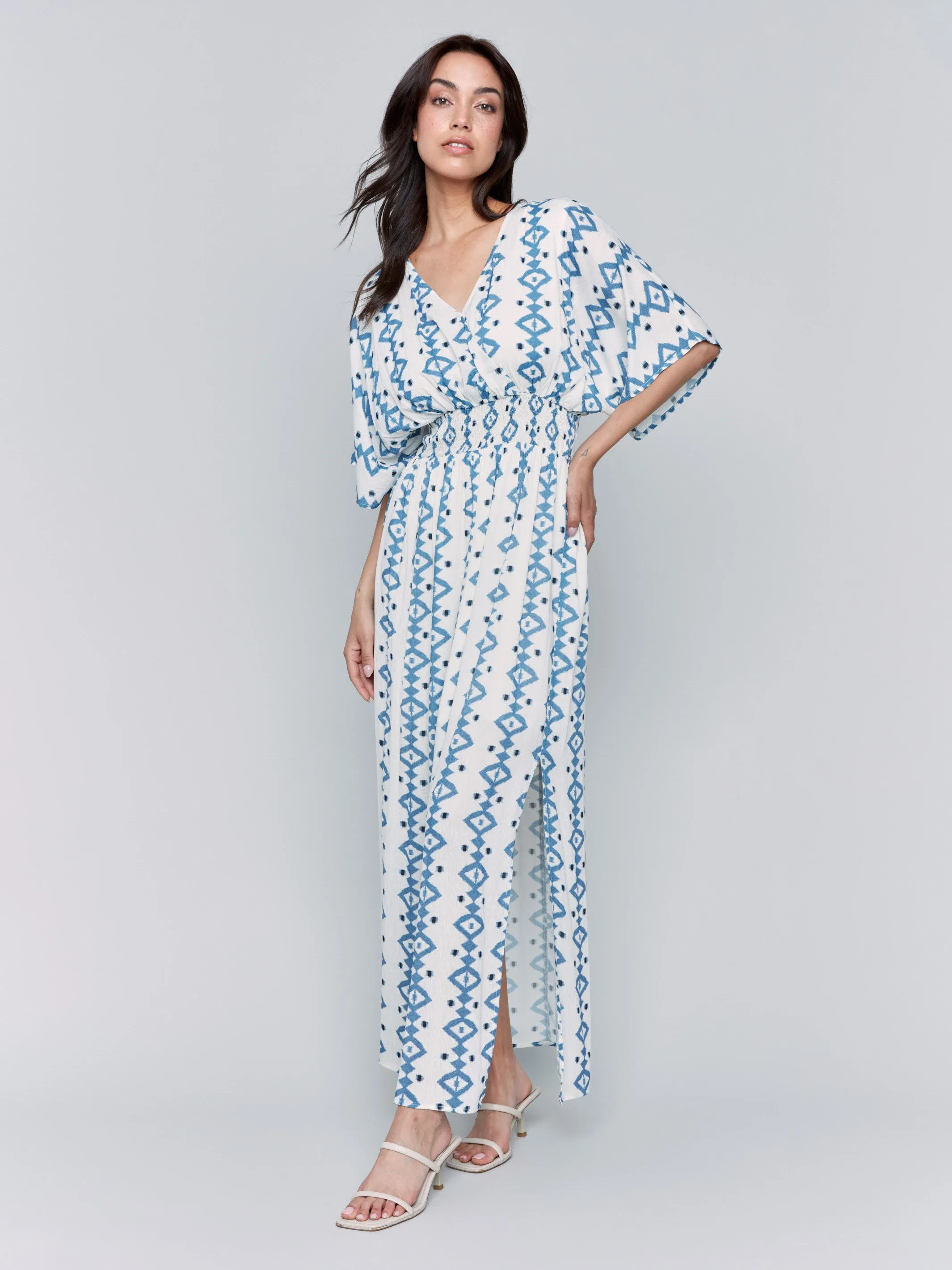Printed Dolman Sleeve Maxi Dress with Side Slits - Geo Flare Breeze Fit Clean