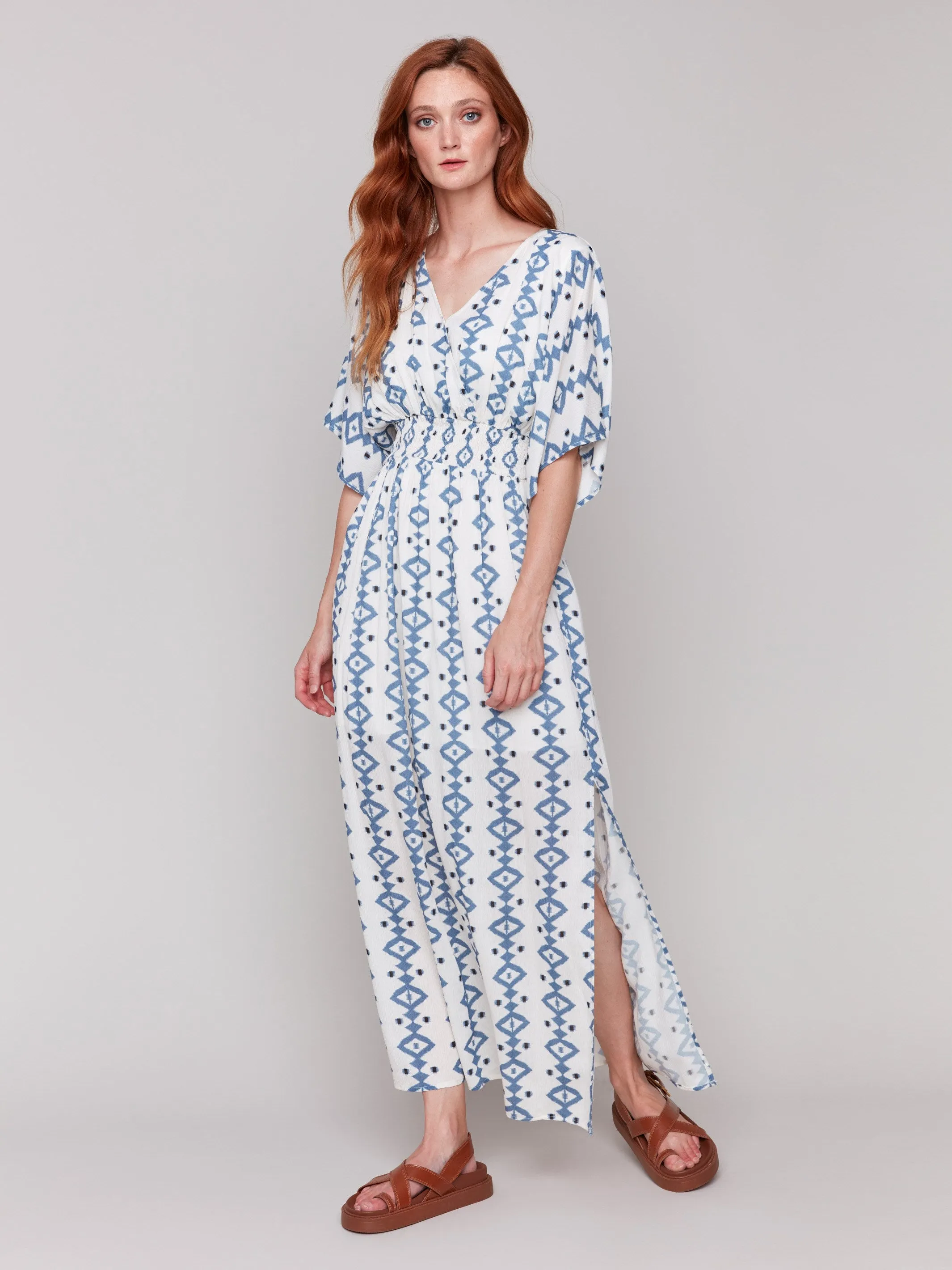 Printed Dolman Sleeve Maxi Dress with Side Slits - Geo Bright Feel Soft Air