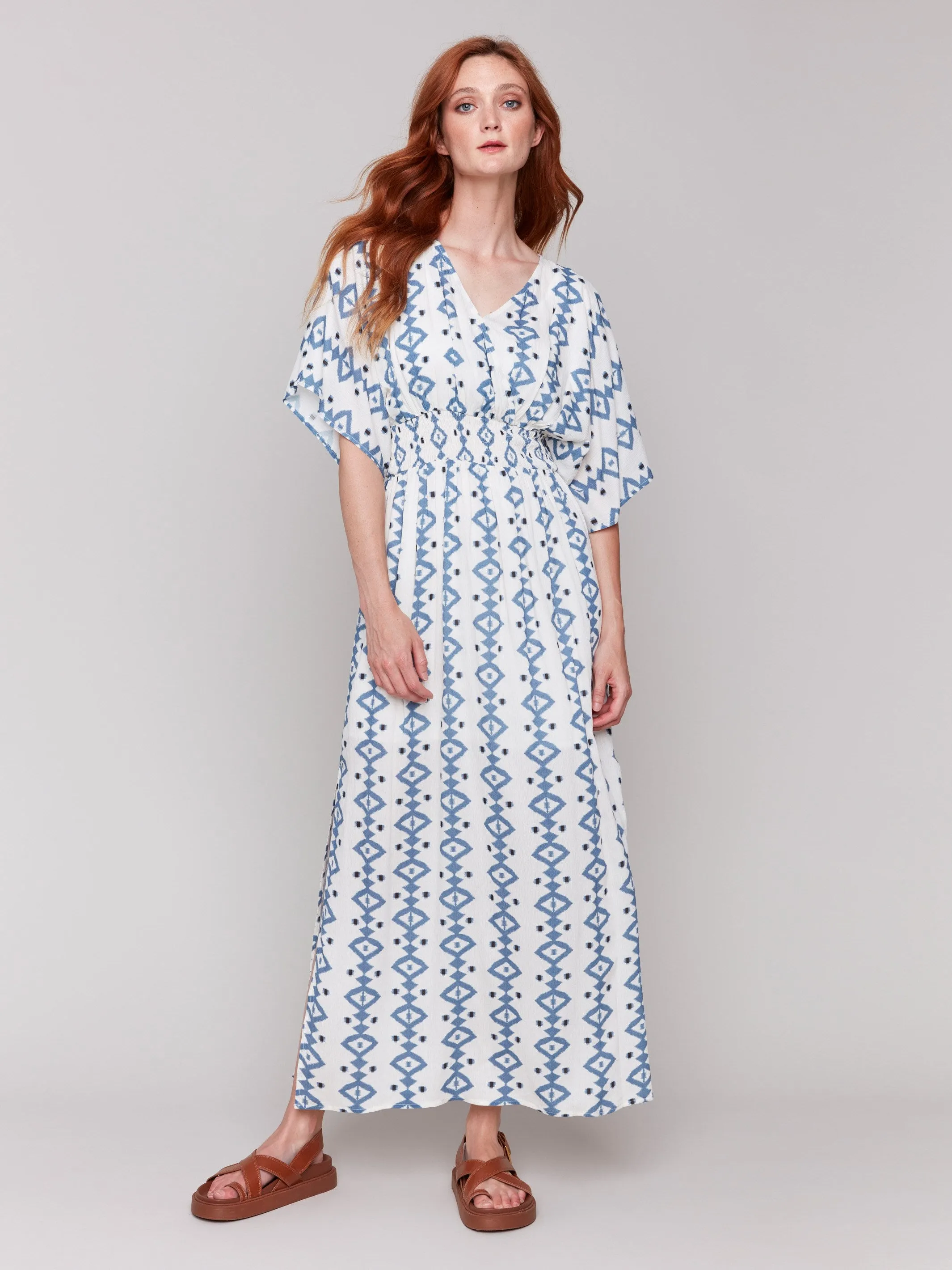 Sunset Hour Minimal Comfort Printed Dolman Sleeve Maxi Dress with Side Slits - Geo