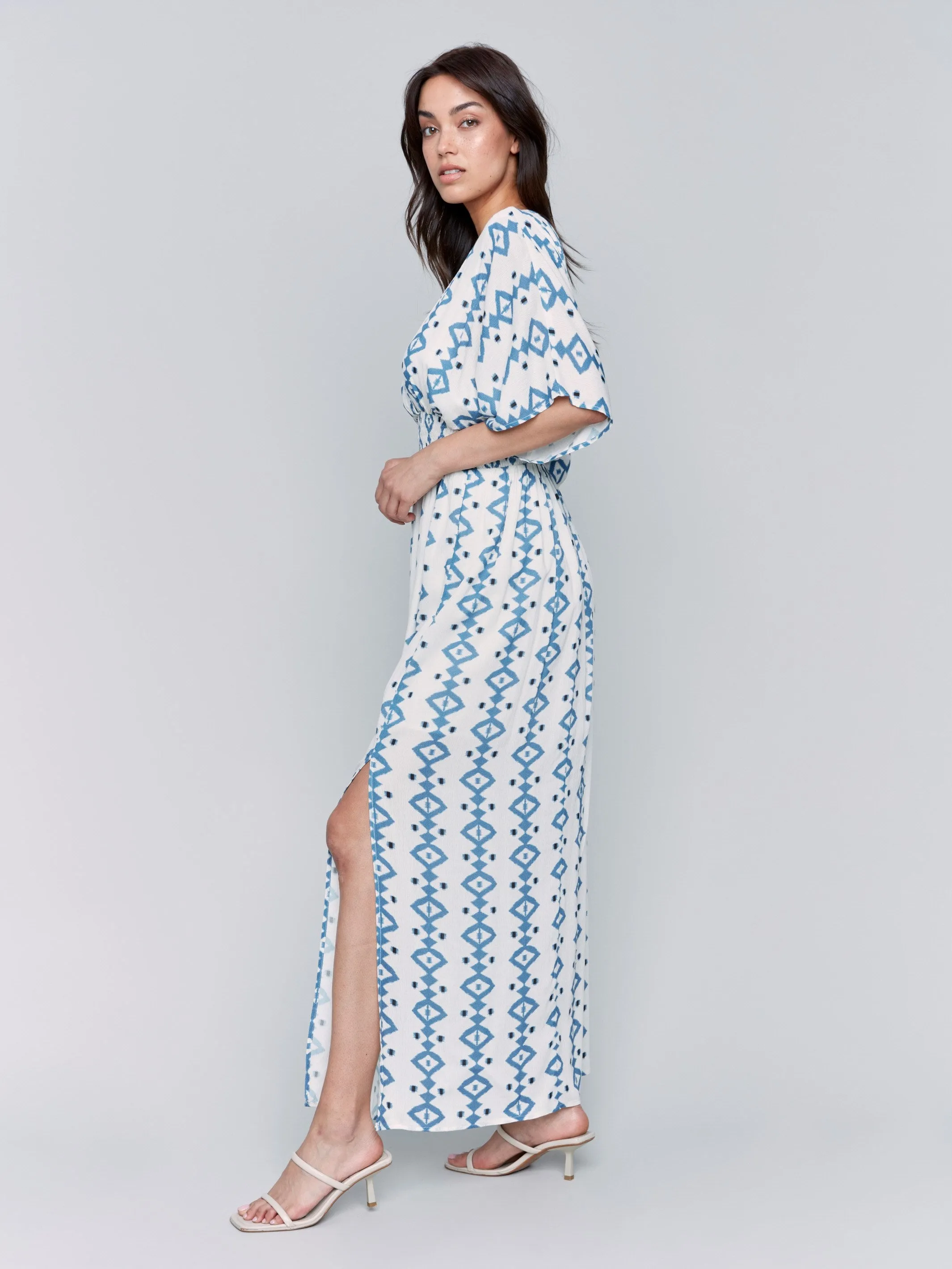 Trendy Wearable Printed Dolman Sleeve Maxi Dress with Side Slits - Geo
