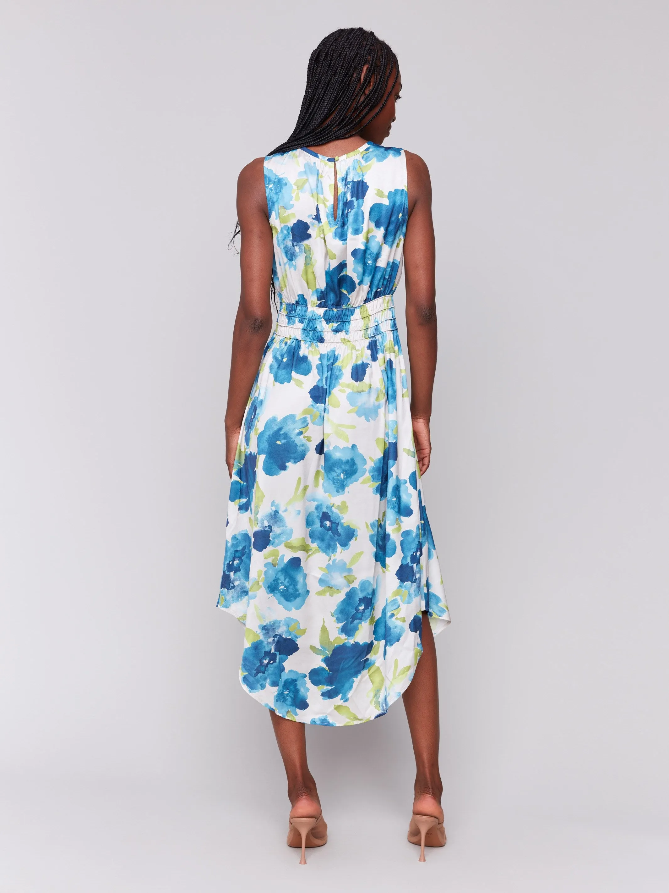 Tailored Comfort Printed Sleeveless Flowy Satin Dress - Lime