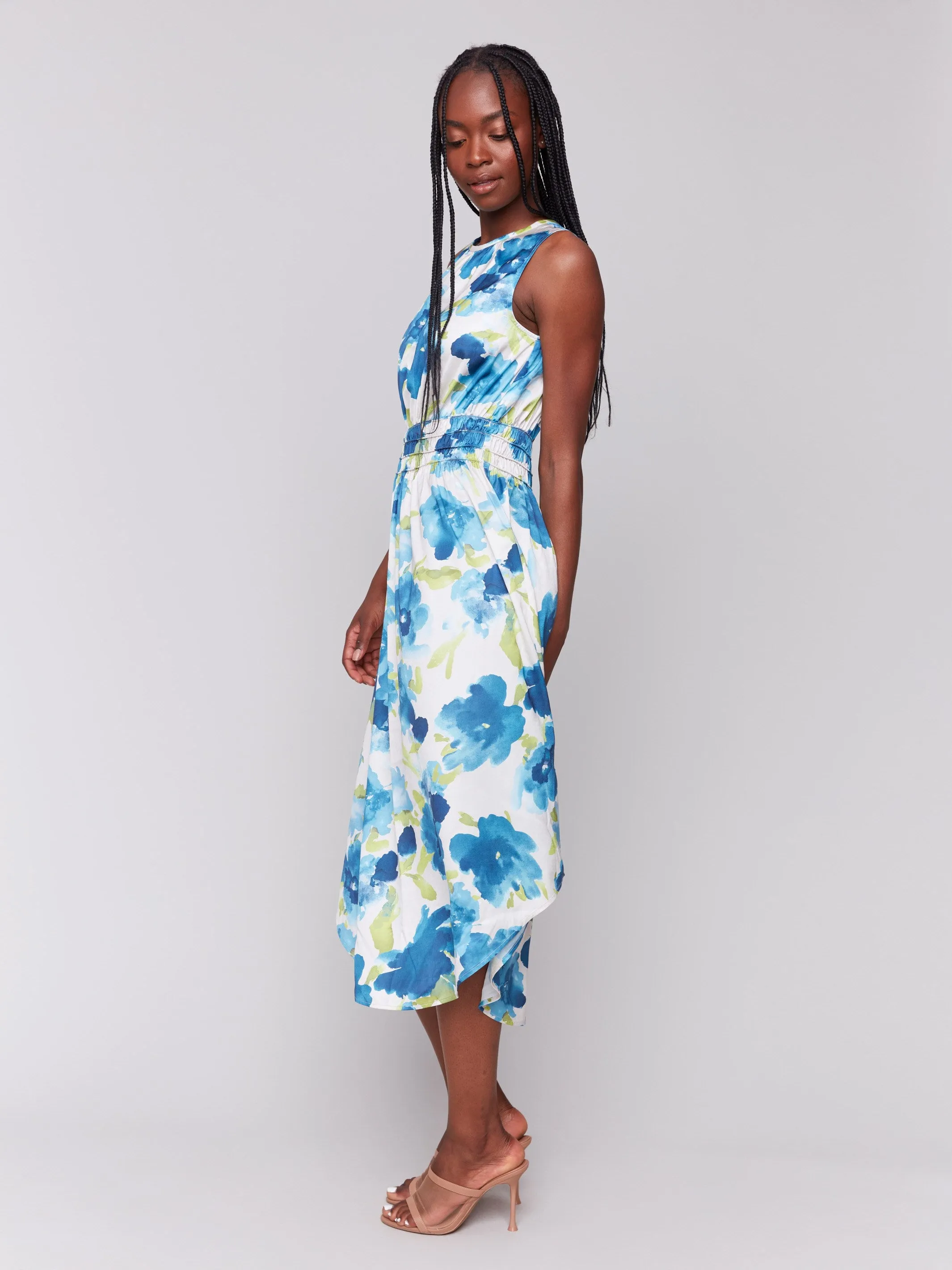 Silky Shine Sleek Design Printed Sleeveless Flowy Satin Dress - Lime