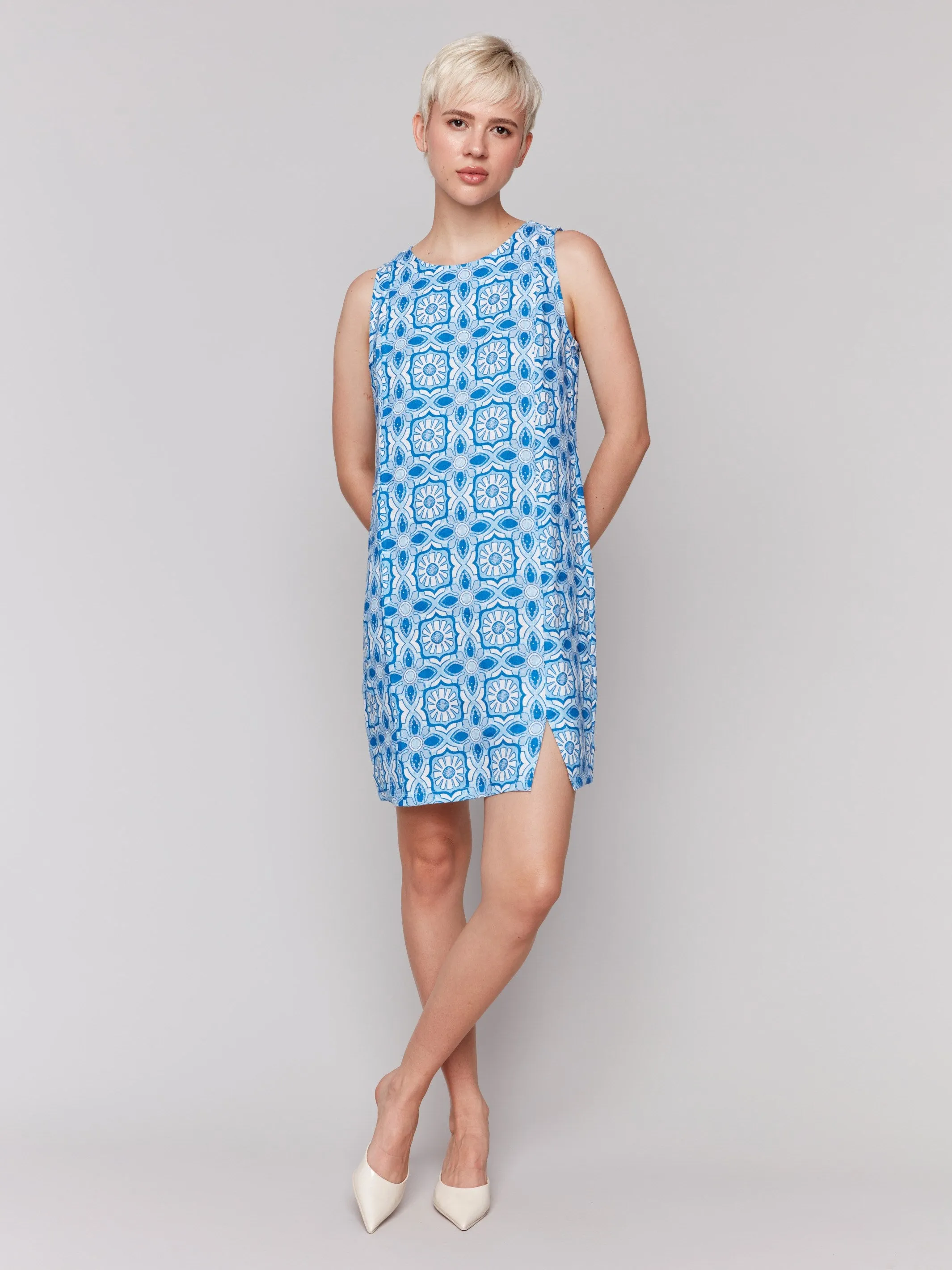 UVProtectiveLayer Printed Sleeveless Linen Blend Dress - Illusion