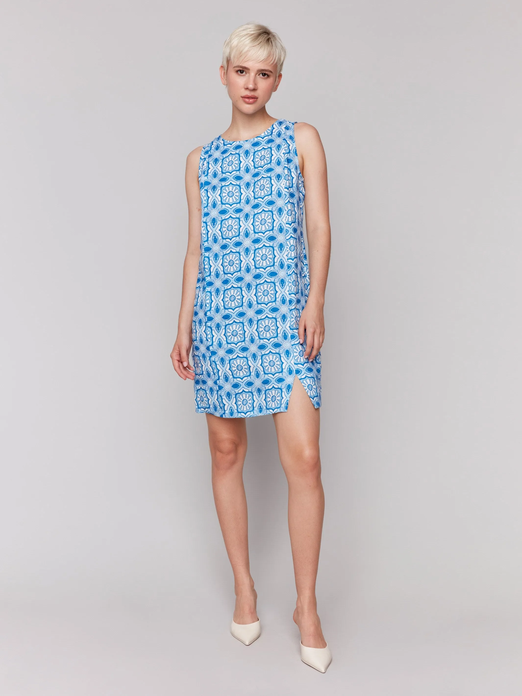 Printed Sleeveless Linen Blend Dress - Illusion Trendy Appeal Water-Repellent-Finish