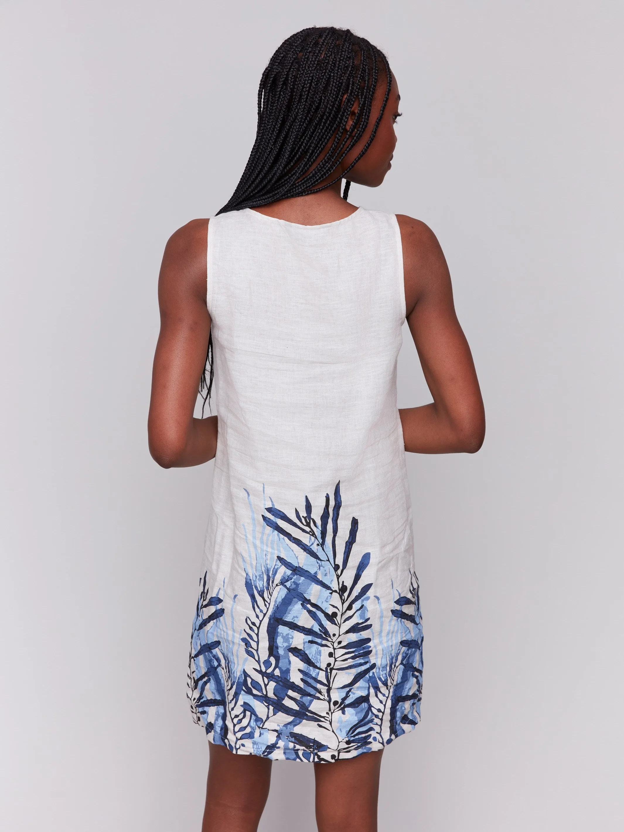 Work-to-Play Wear Printed Sleeveless Linen Blend Dress - Palm
