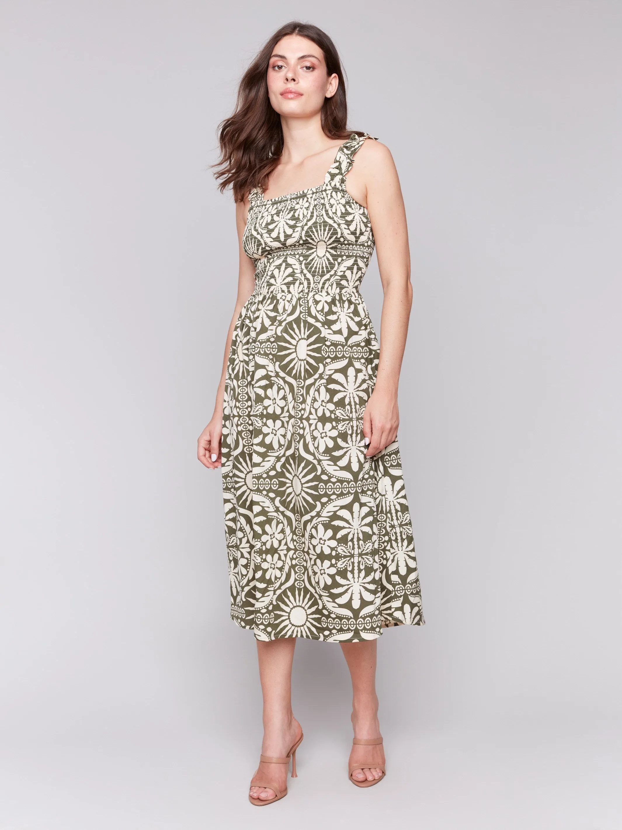 Printed Sleeveless Midi Dress with Shirring Detail - Celadon Casual Days Cool Layers
