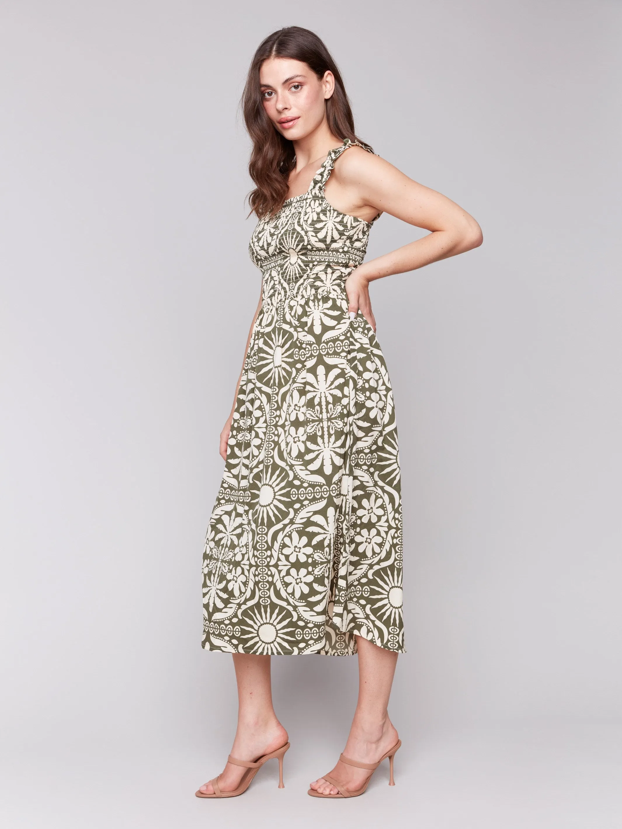 Printed Sleeveless Midi Dress with Shirring Detail - Celadon Date Vibe Chic And Comfortable