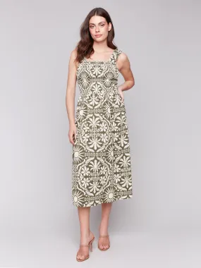 Fall Flow Printed Sleeveless Midi Dress with Shirring Detail - Celadon