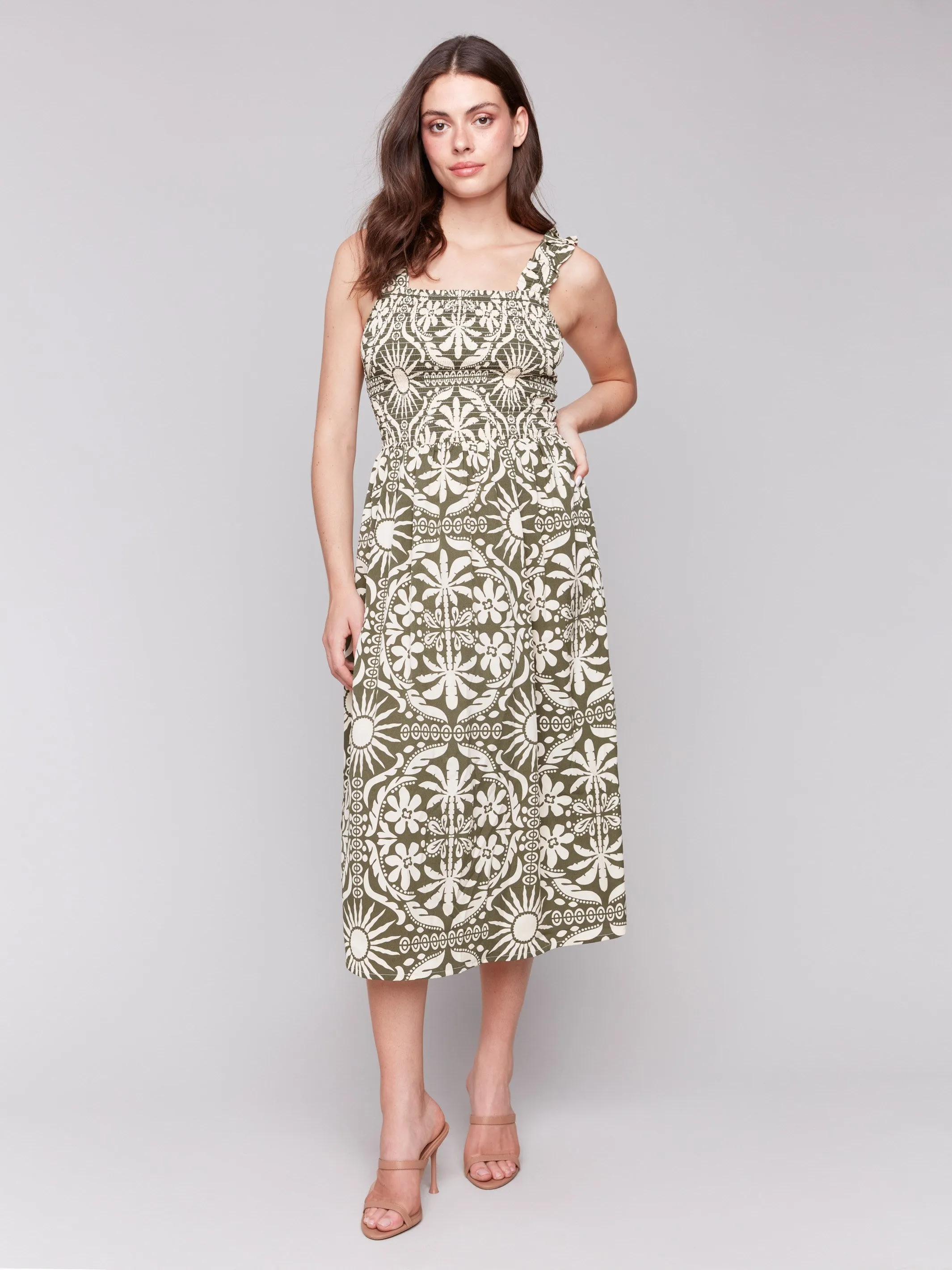 Fall Flow Printed Sleeveless Midi Dress with Shirring Detail - Celadon