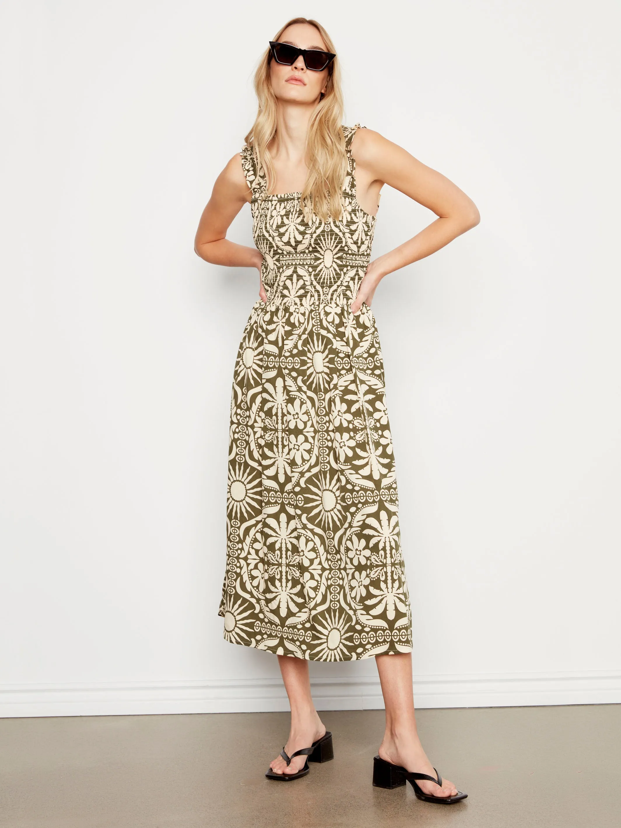 Printed Sleeveless Midi Dress with Shirring Detail - Celadon Fall Mood