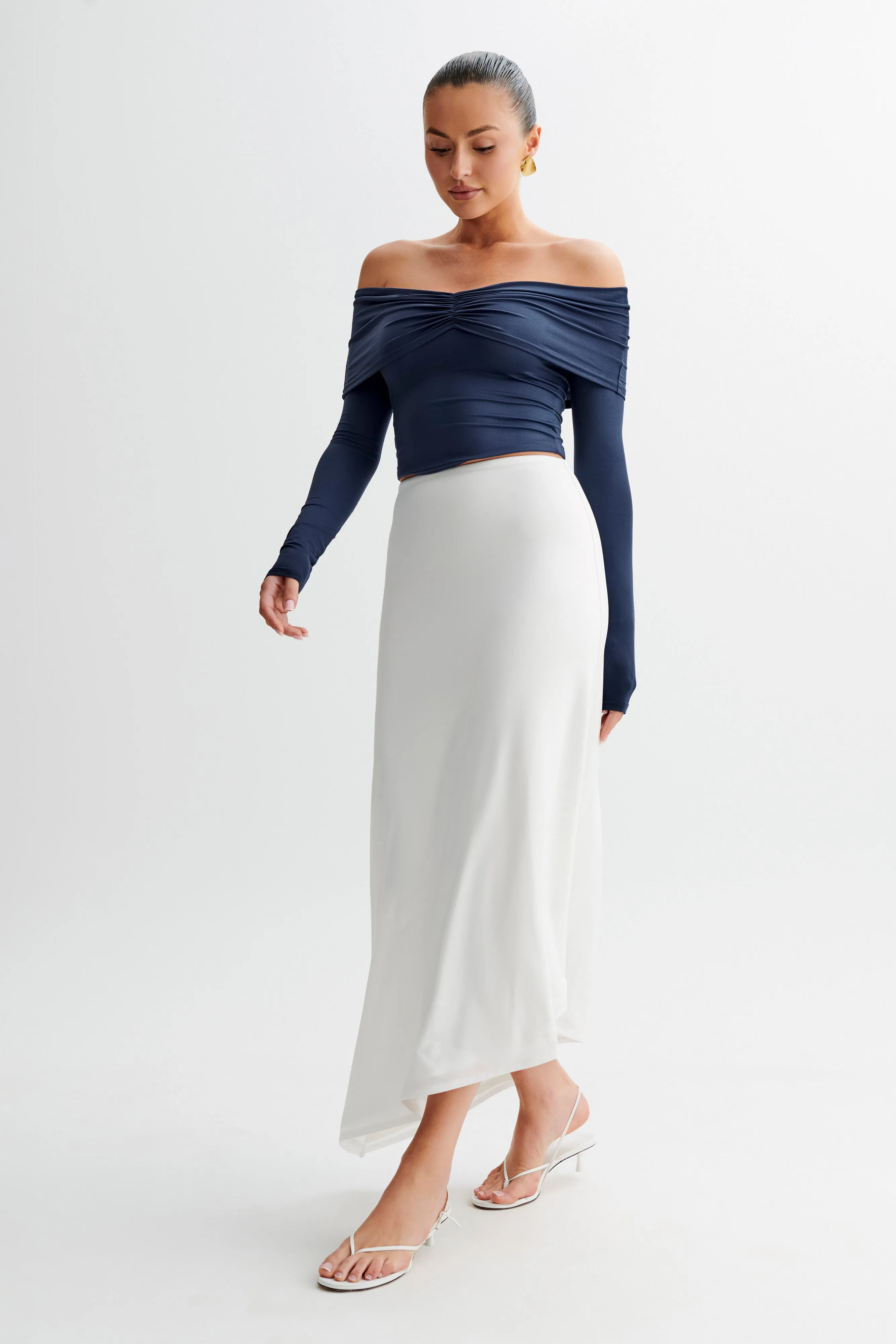 Multi Way Adjustable Fit Modular Layering System Prue Ruched Off Shoulder Long Sleeve Top - Navy