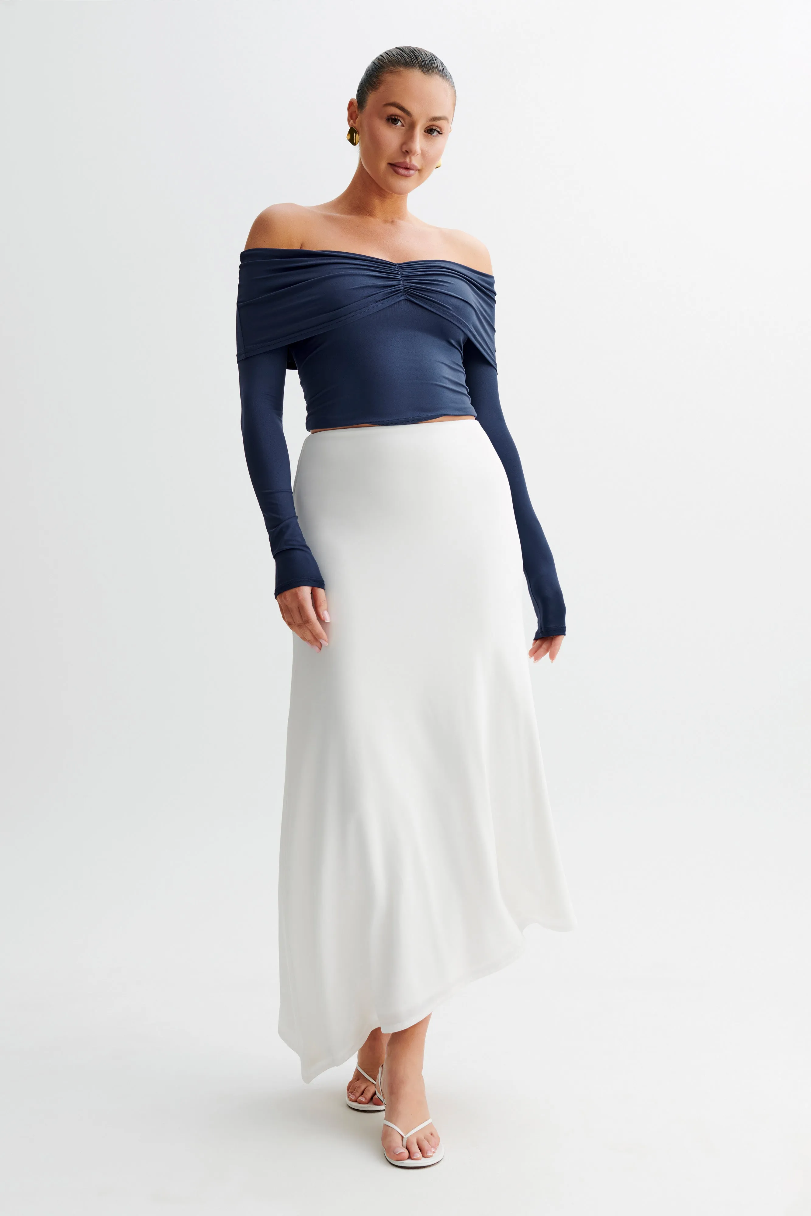 Printed Hoodie Prue Ruched Off Shoulder Long Sleeve Top - Navy