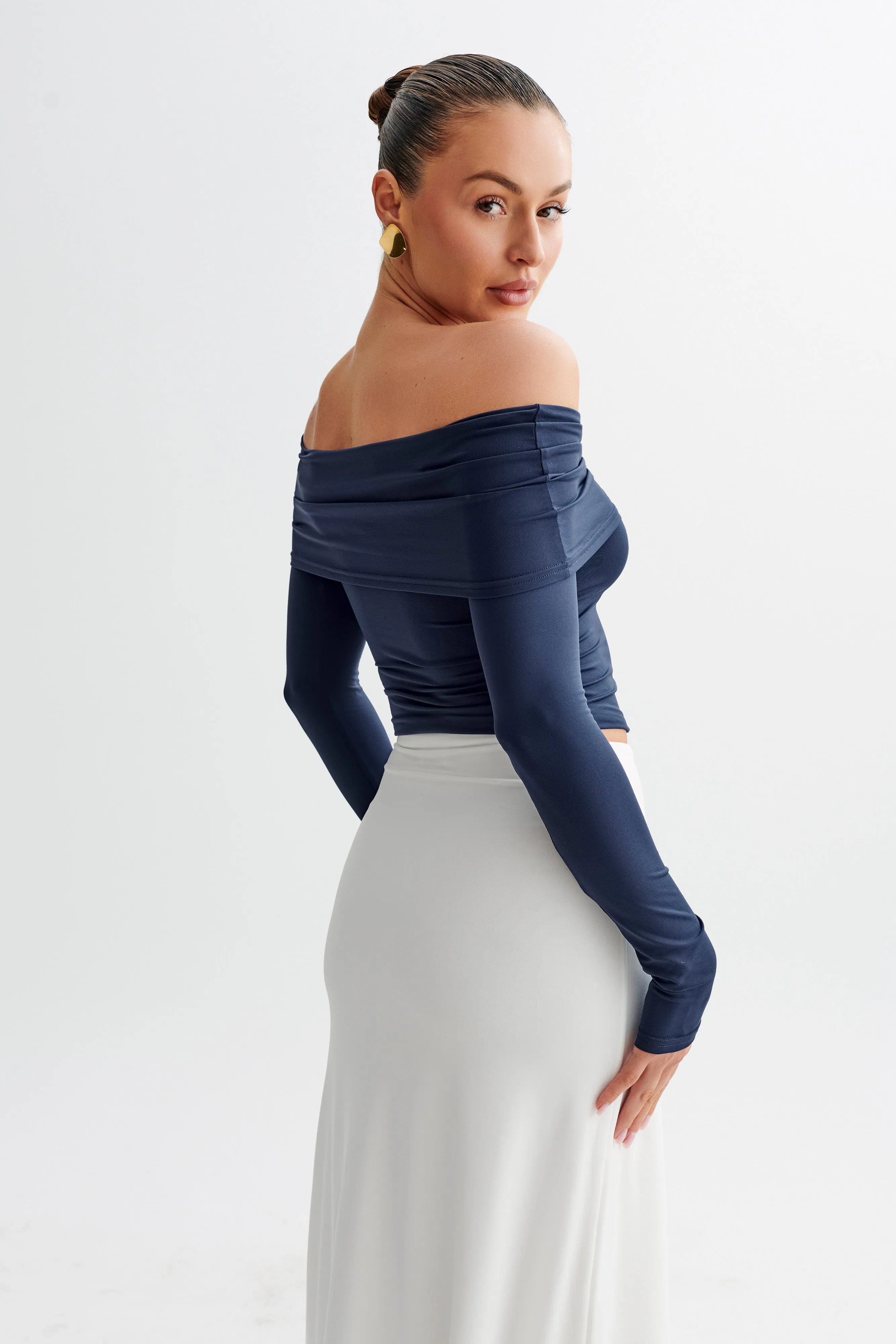 Prue Ruched Off Shoulder Long Sleeve Top - Navy Weighted Hem Design FrictionResistantEdges