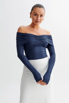 Prue Ruched Off Shoulder Long Sleeve Top - Navy MultiPurposeUtility