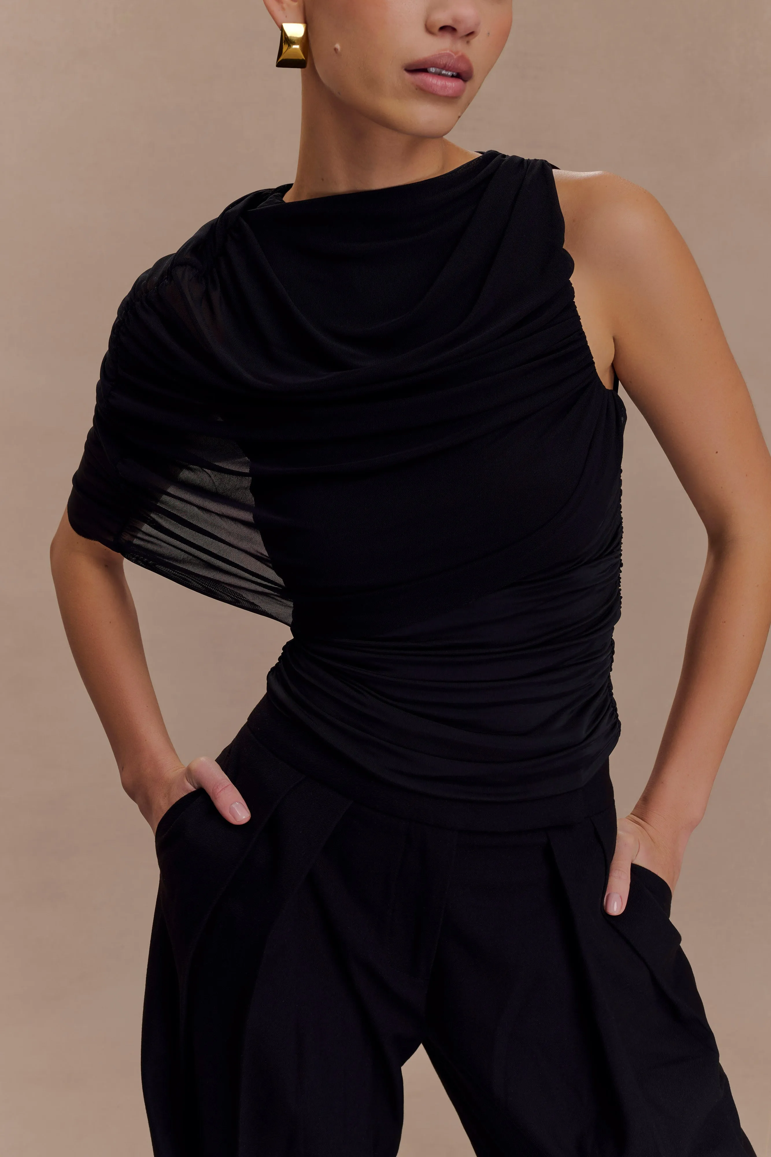PlacketDetail Pruedance Slinky Draped Top With Mesh Overlay - Black