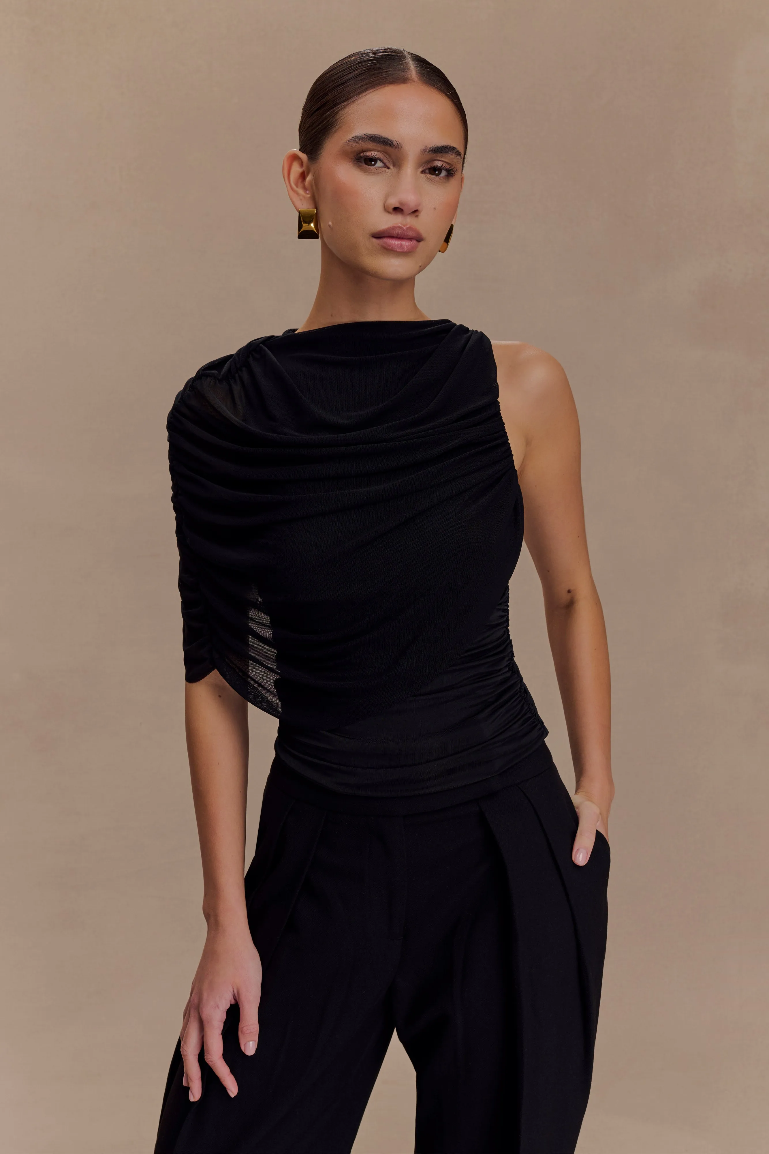 Pruedance Slinky Draped Top With Mesh Overlay - Black Double Layered Hem Reinforcement