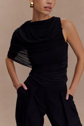 PlacketDetail Pruedance Slinky Draped Top With Mesh Overlay - Black