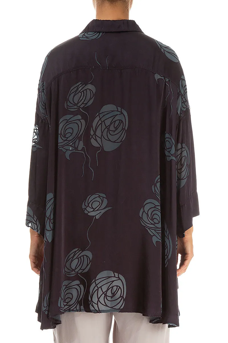 Relaxed Vibe Geometric Pattern Loose Roses Steel Silk Shirt
