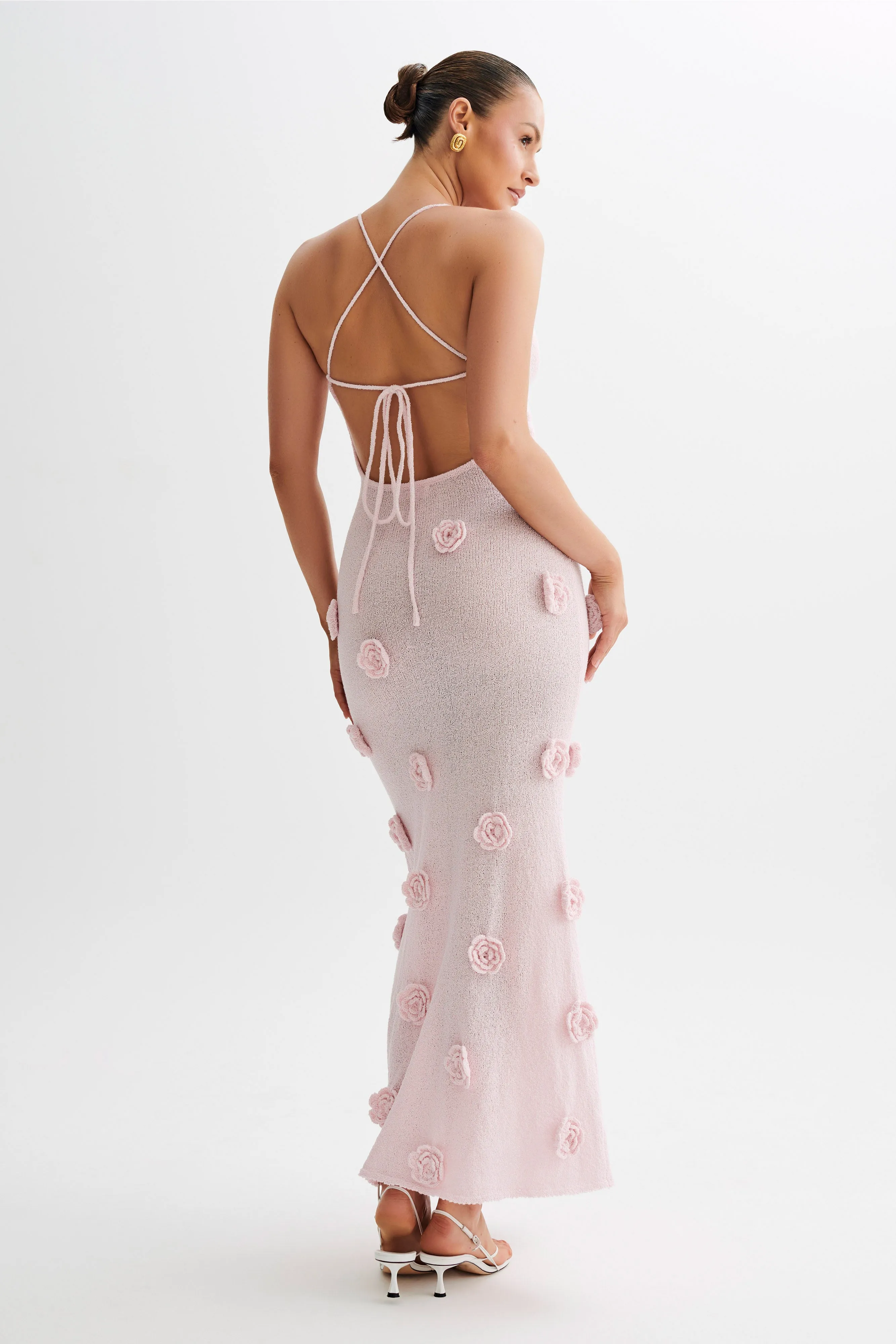 Suki Knit Maxi Dress With Flowers - Baby Pink Street Mode Texture Blend