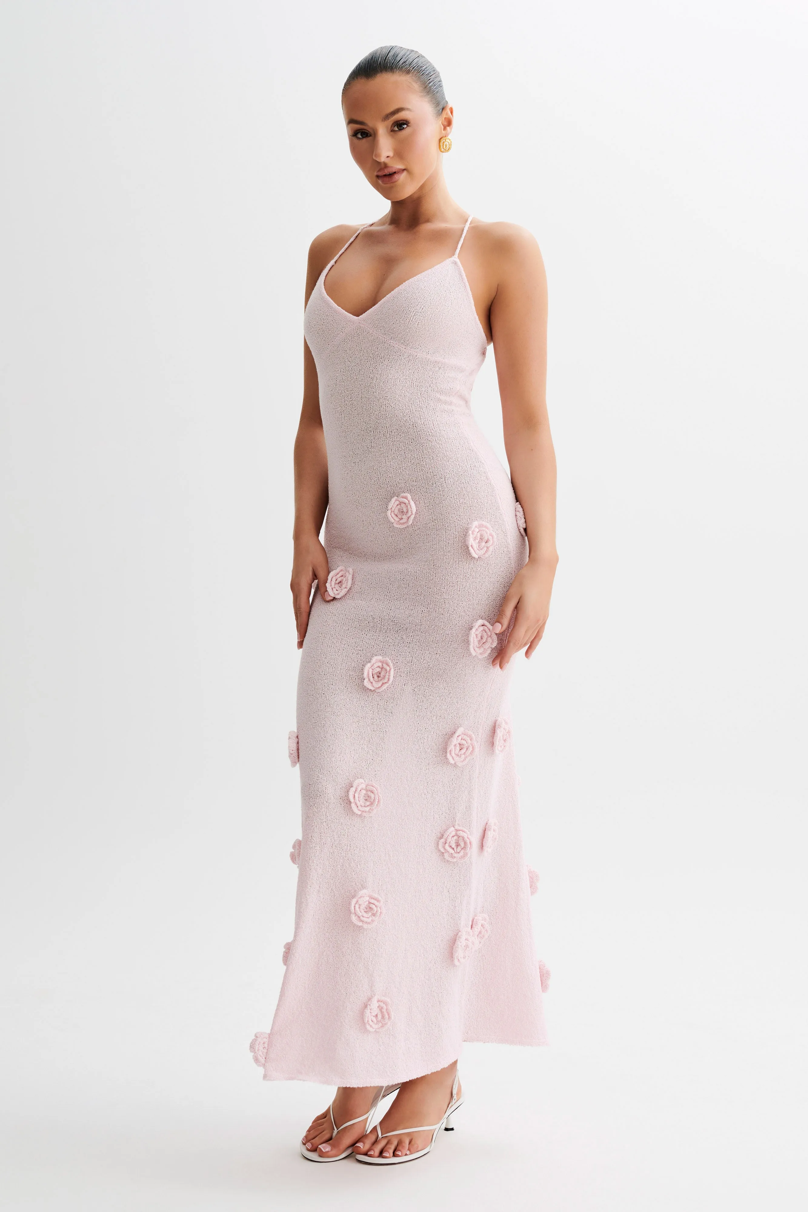 Suki Knit Maxi Dress With Flowers - Baby Pink Lace Soft Vibe Choice