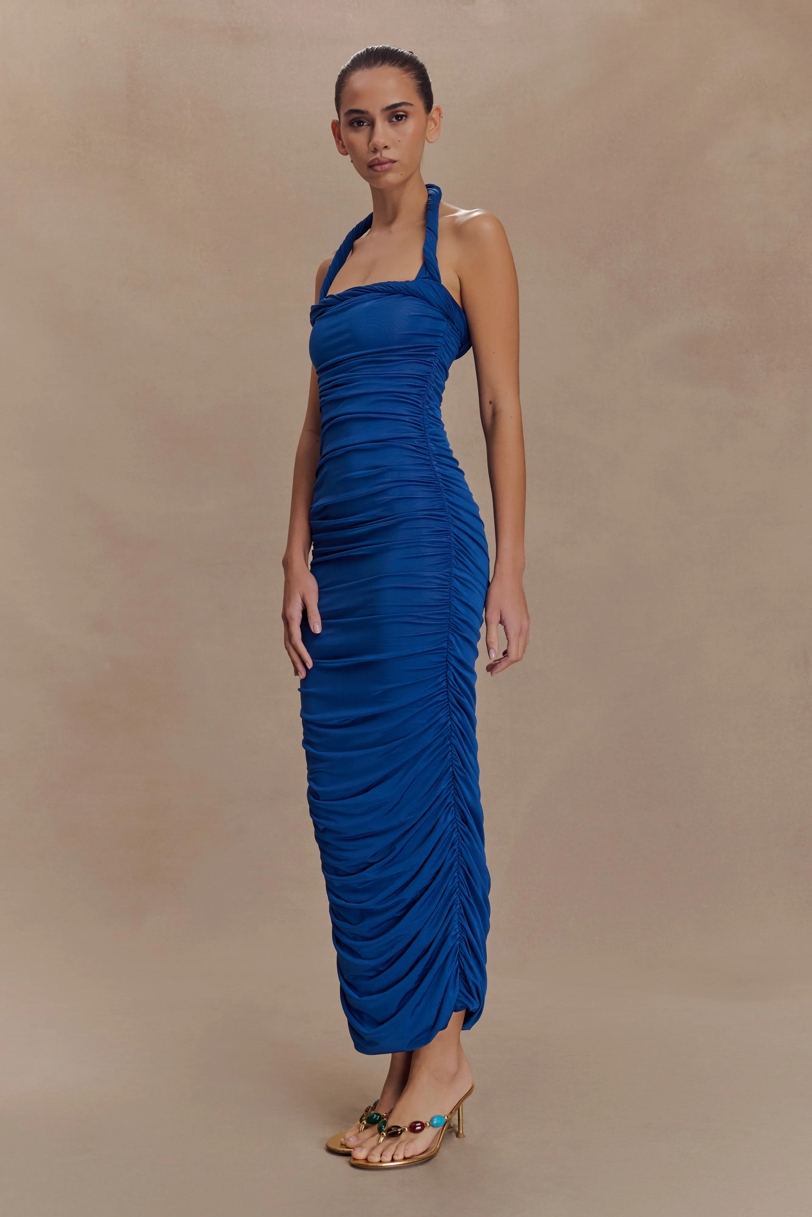 Japan Line Curvy Glam Camila Ruched Halter Midi Dress - Cobalt