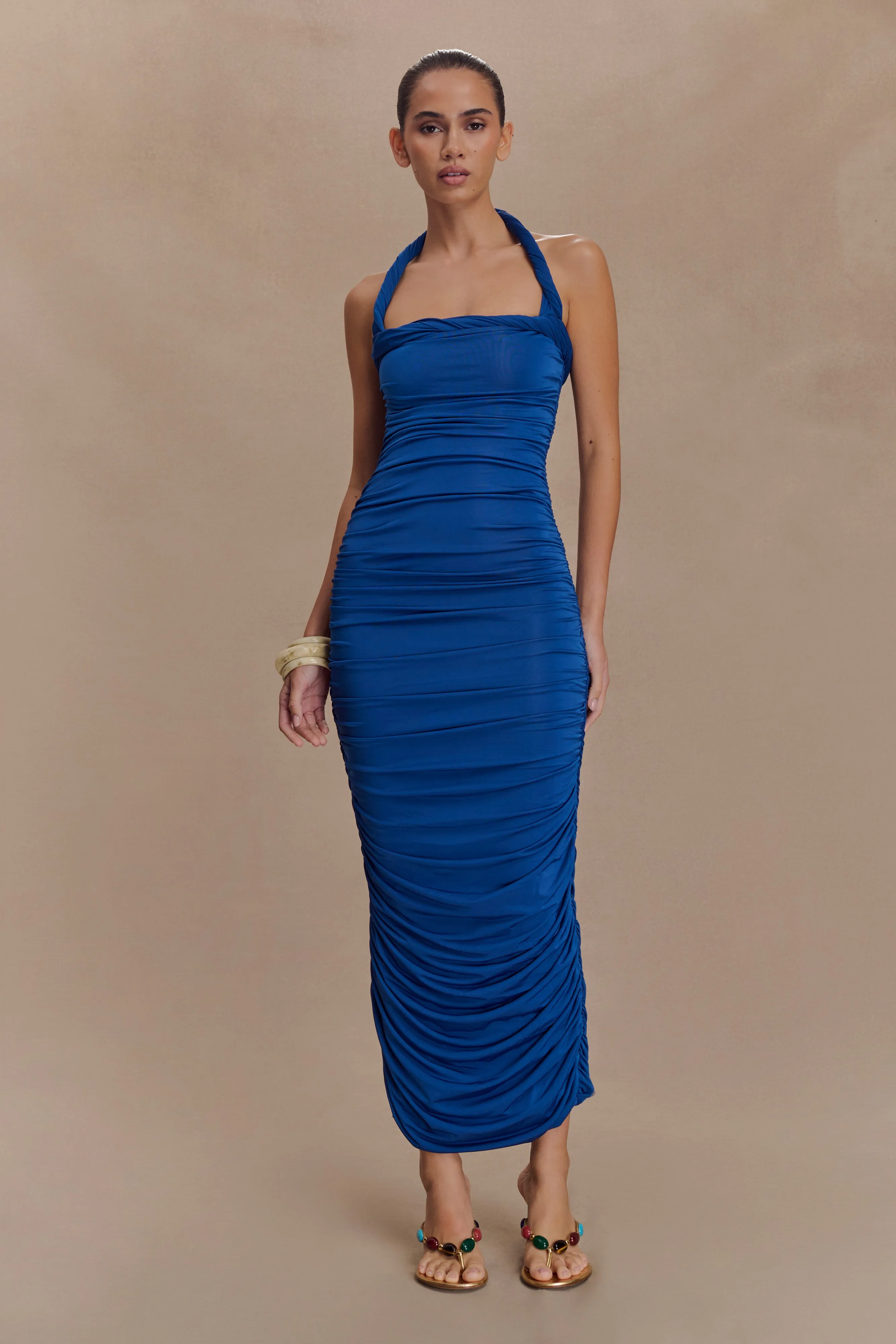 Camila Ruched Halter Midi Dress - Cobalt Relaxed Fit Look