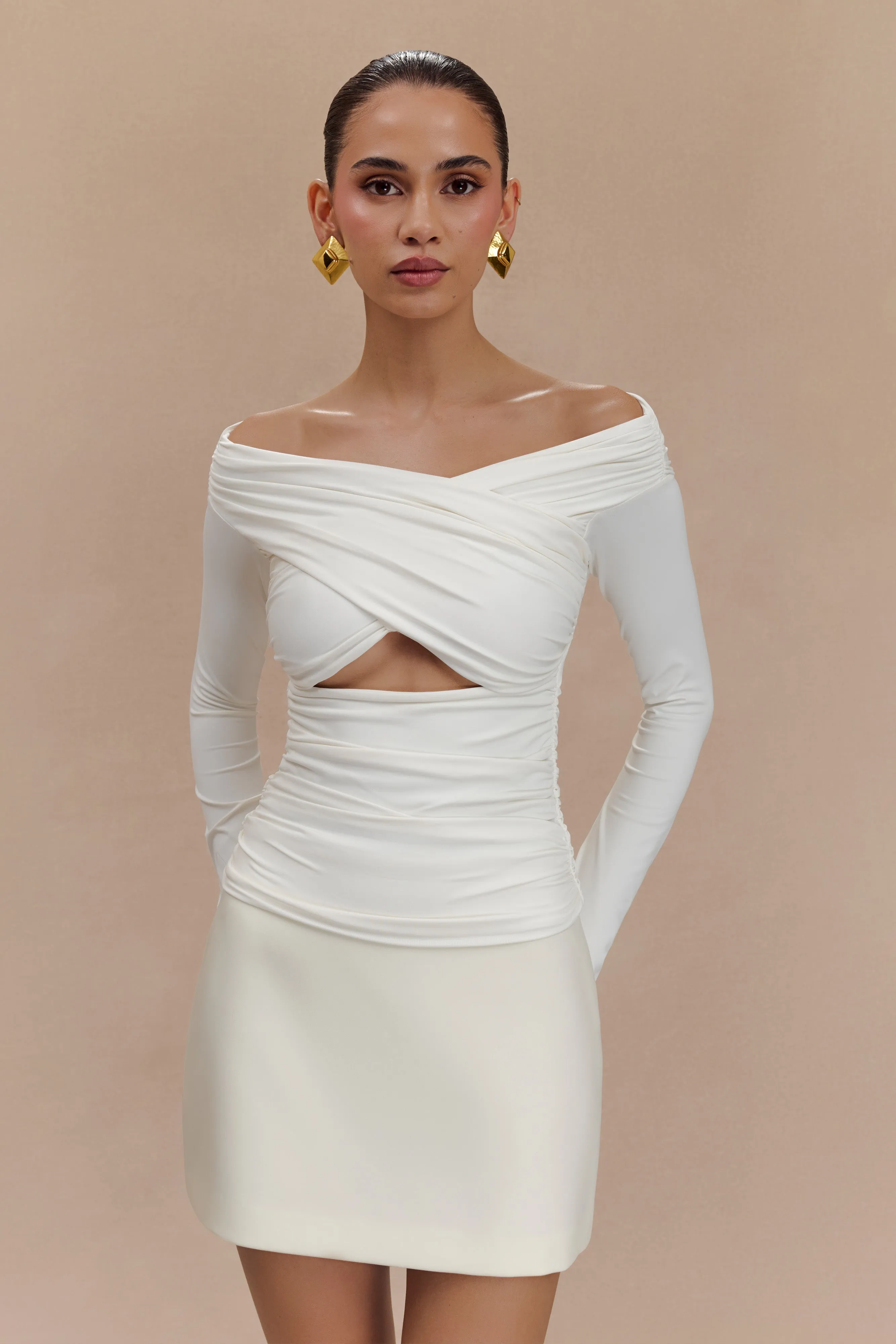 Four Way Stretch WeightedHem Jaden Off Shoulder Recycled Nylon Top - Ivory
