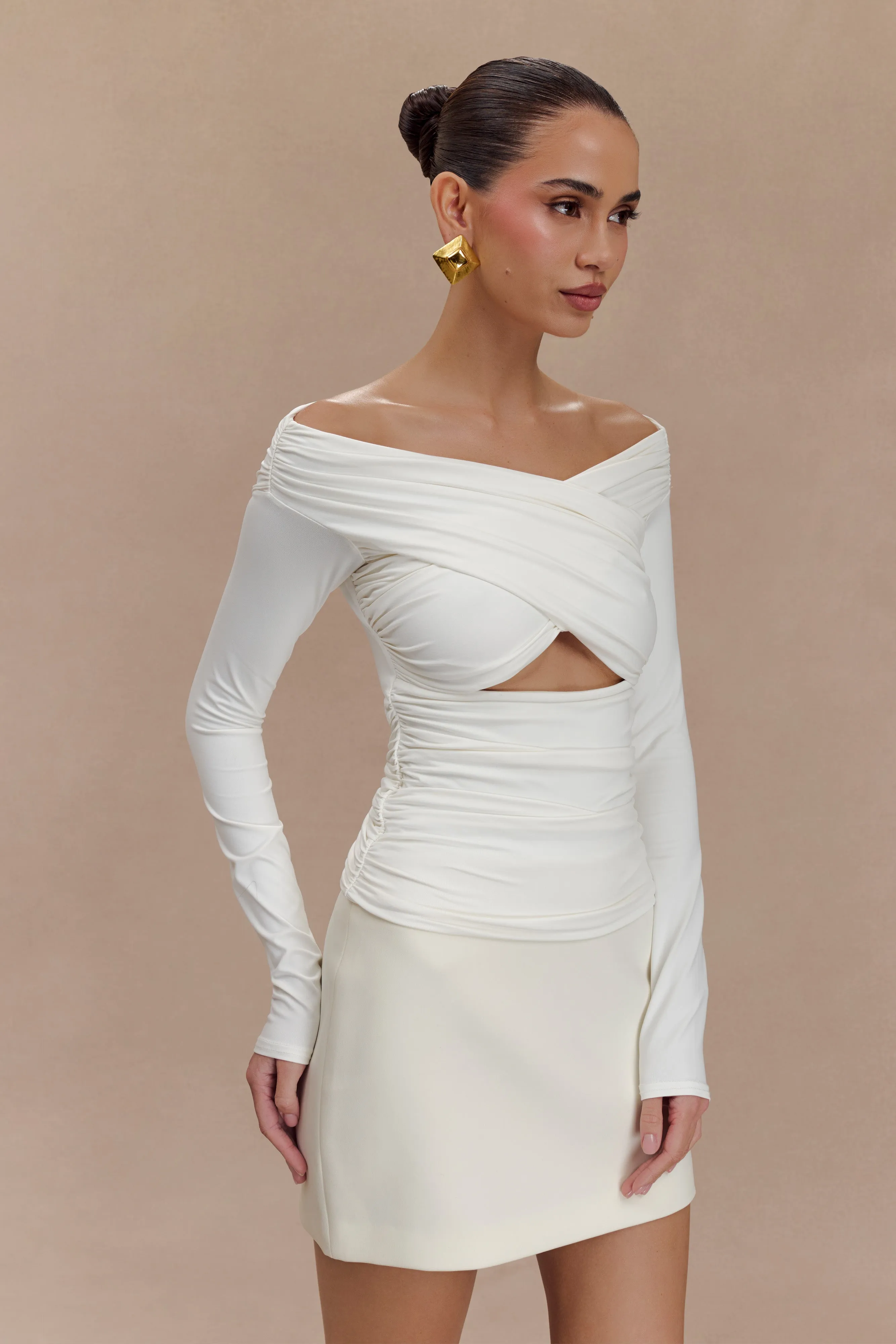 Jaden Off Shoulder Recycled Nylon Top - Ivory MeshLining