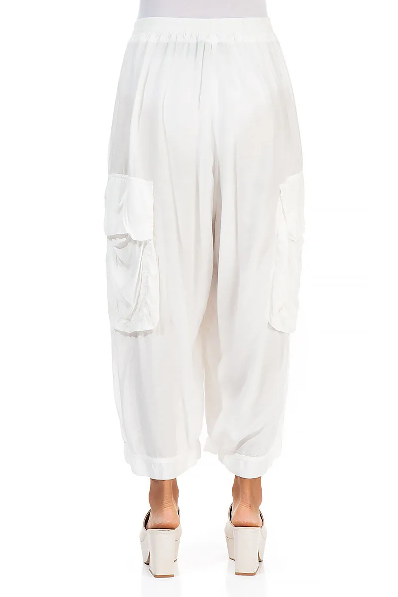 ElasticCuffs Ripped design Pockets White Silk Bamboo Trousers