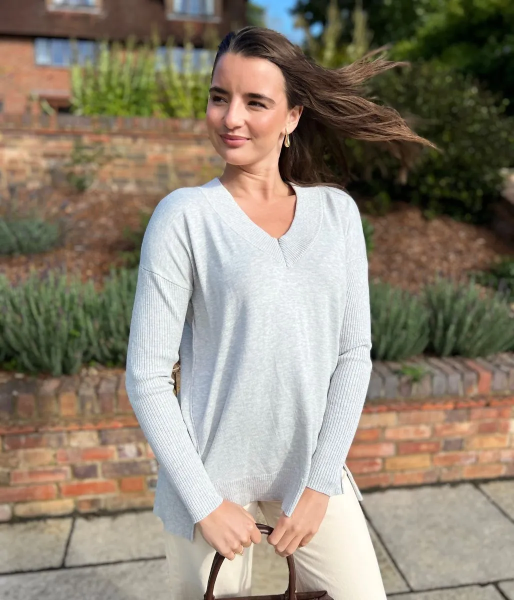 Modern Comfort Cozy Knit Look Grey Fine Knit V Neck Tunic Jumper