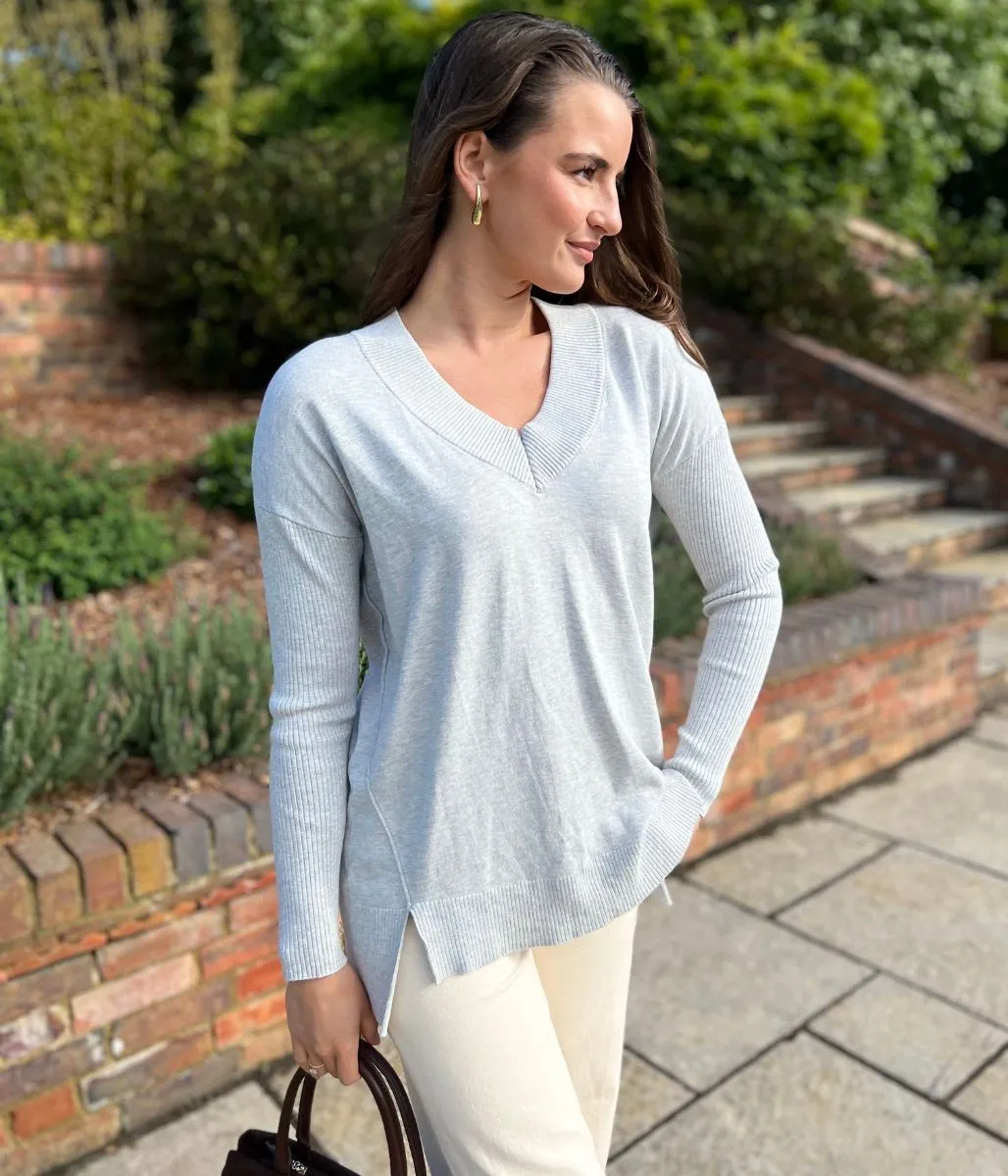 Grey Fine Knit V Neck Tunic Jumper Low Impact Production Cozy Waist