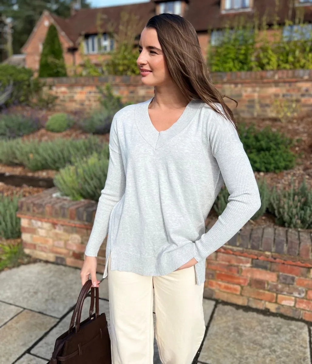 Grey Fine Knit V Neck Tunic Jumper Active Comfort