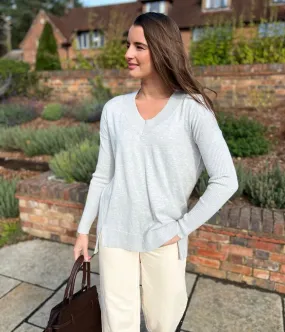 Grey Fine Knit V Neck Tunic Jumper Active Comfort