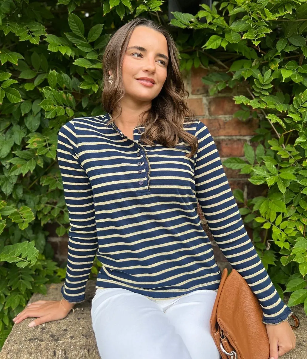 AntiFadeTechnology Warm Fit Navy & Gold Daphne Striped Top
