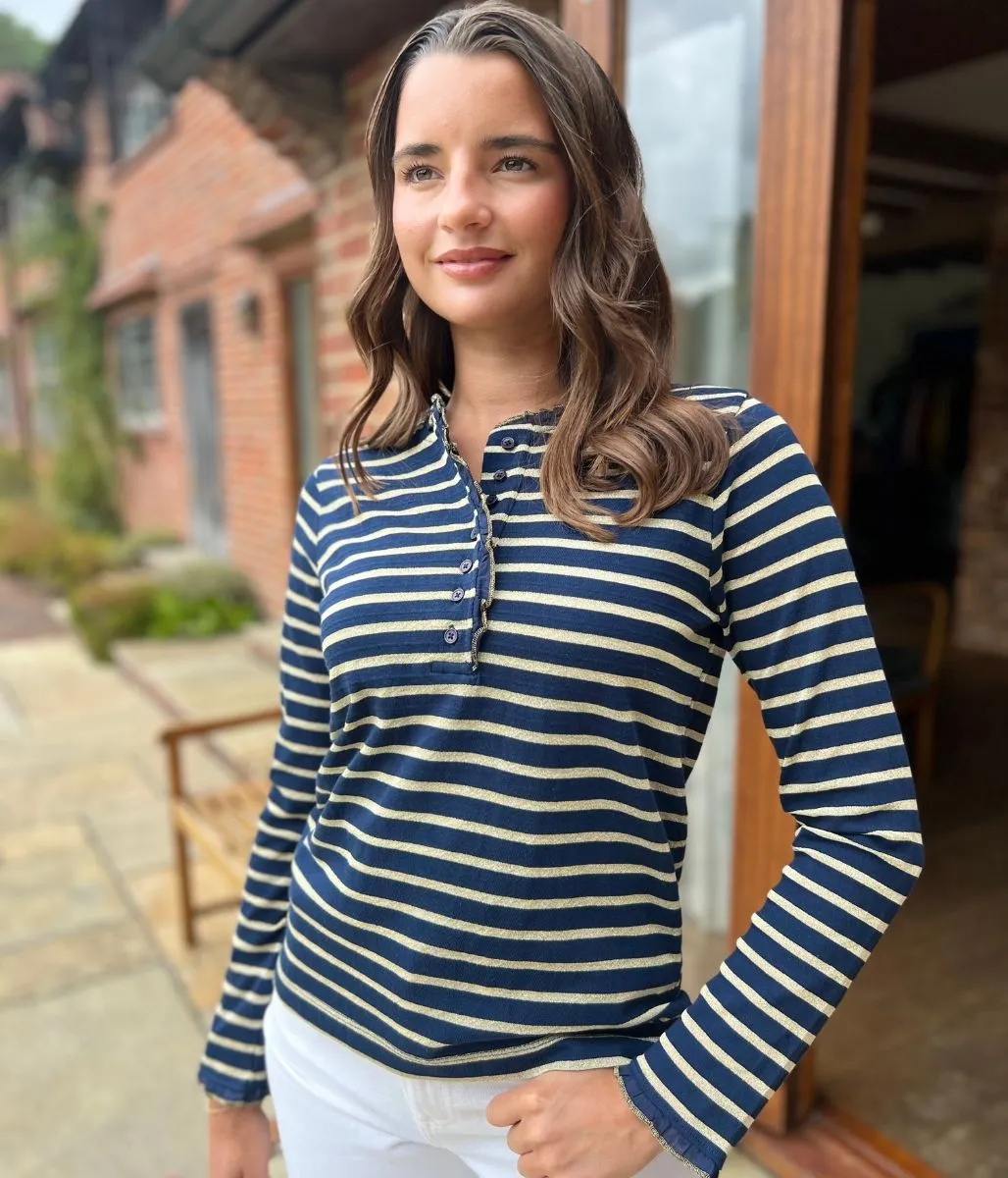Zen Ease Navy & Gold Daphne Striped Top