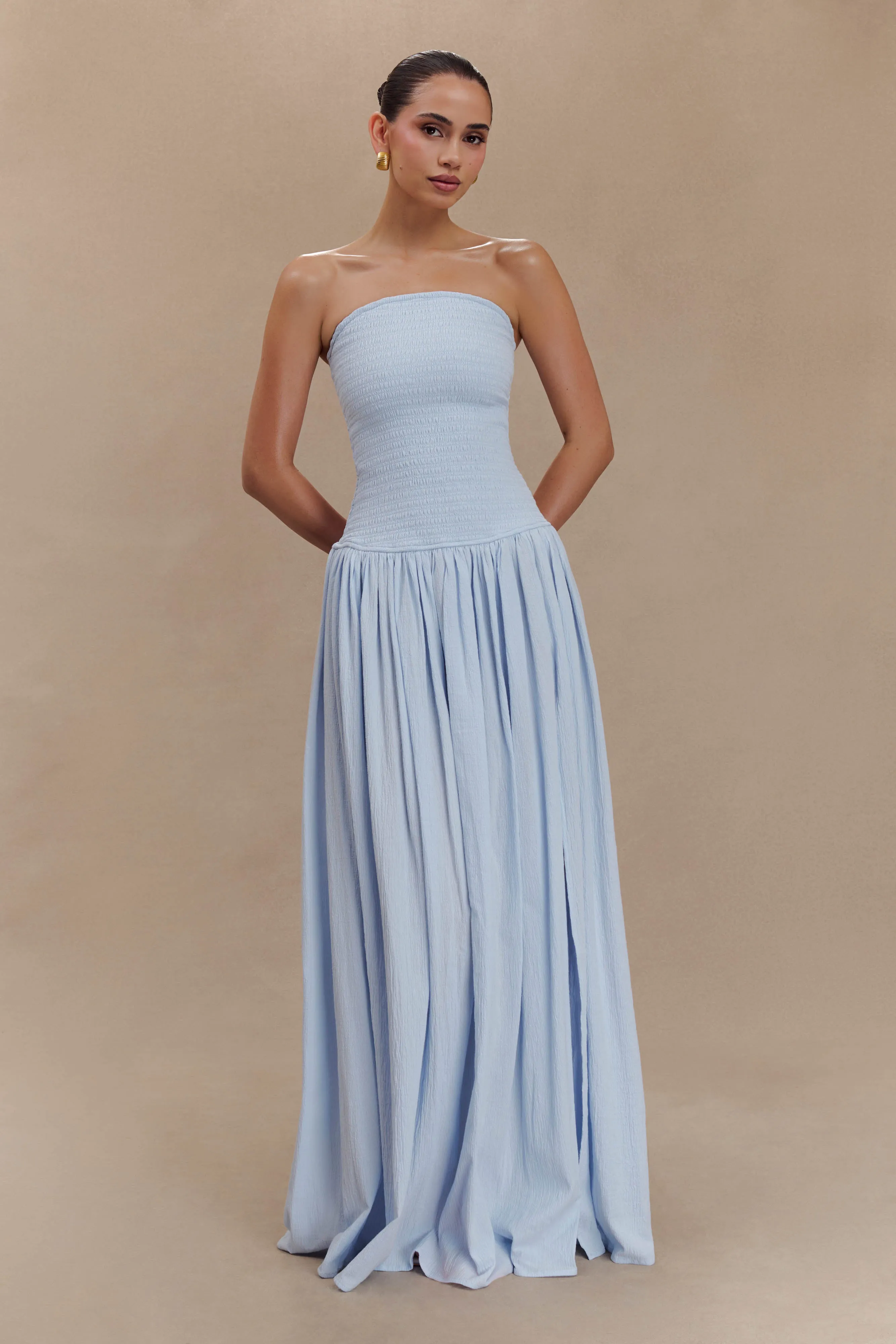 Maureen Cotton Shirring Maxi Dress - Powder Blue Petite friendly