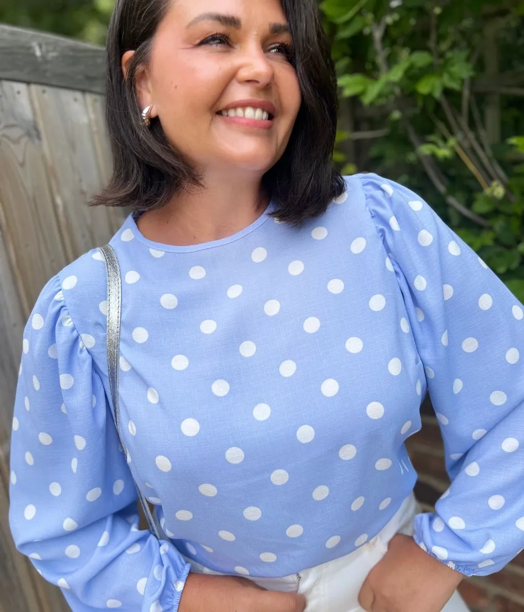 Cozy Cardigan UVProtectionFinish Blue Polka Dot Cotton Blouse