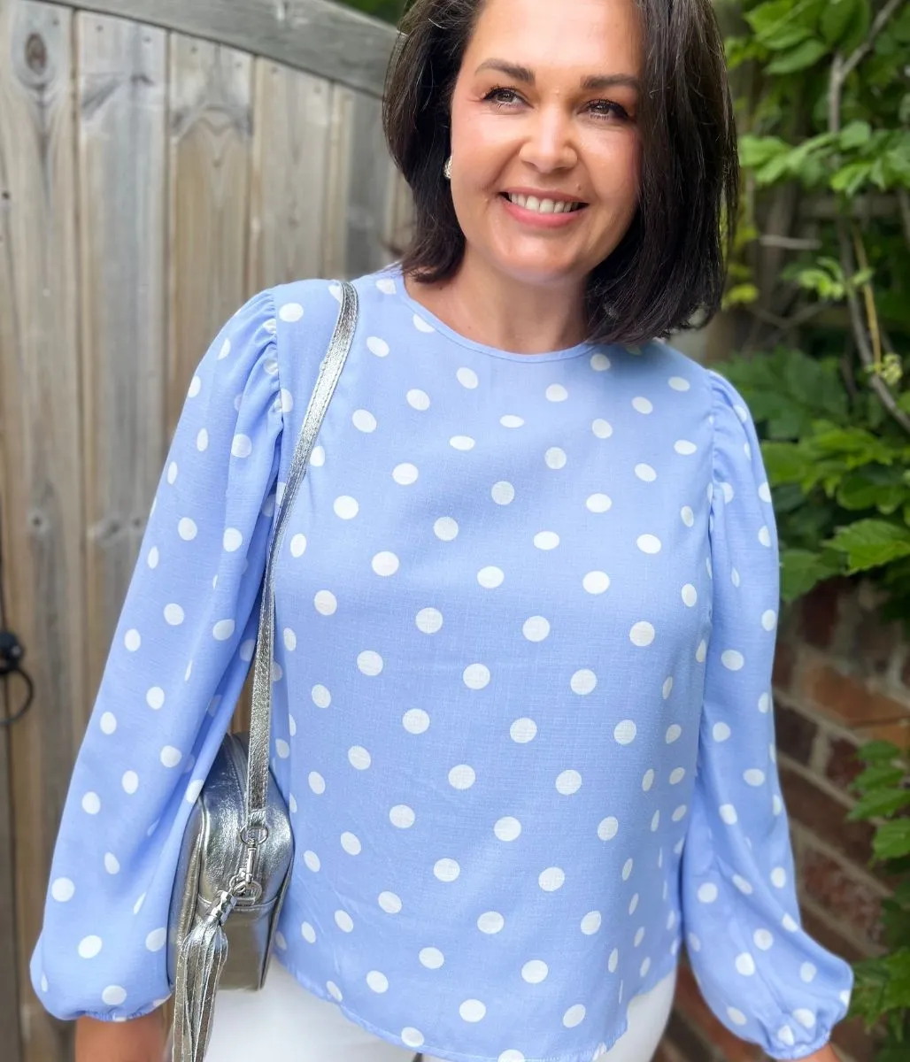 Blue Polka Dot Cotton Blouse Queen Glow