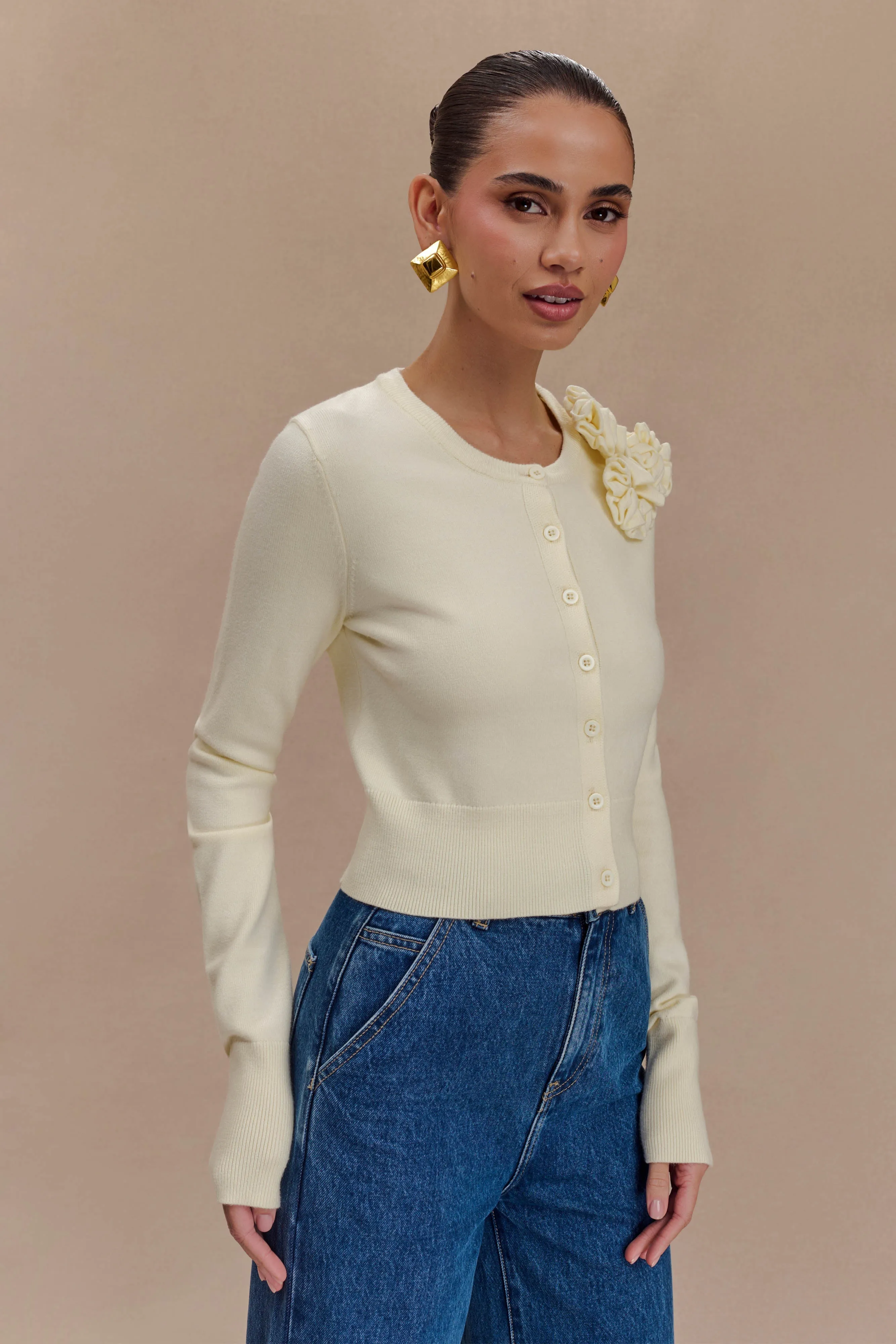 Hooded styles Abrasion Proof Edging Gianna Knit Cardigan With Flowers - Cream