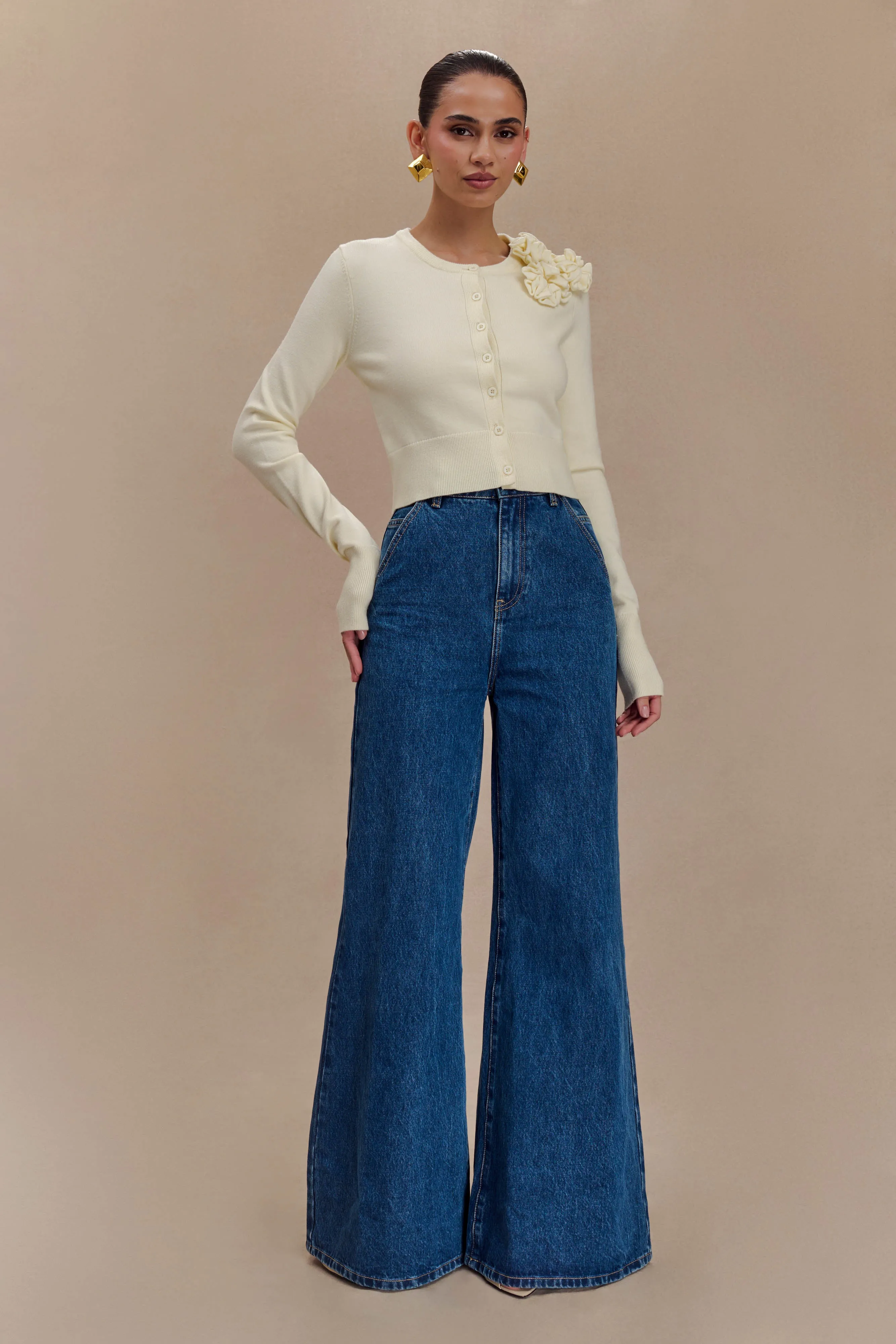 Gianna Knit Cardigan With Flowers - Cream Weatherproof Shell