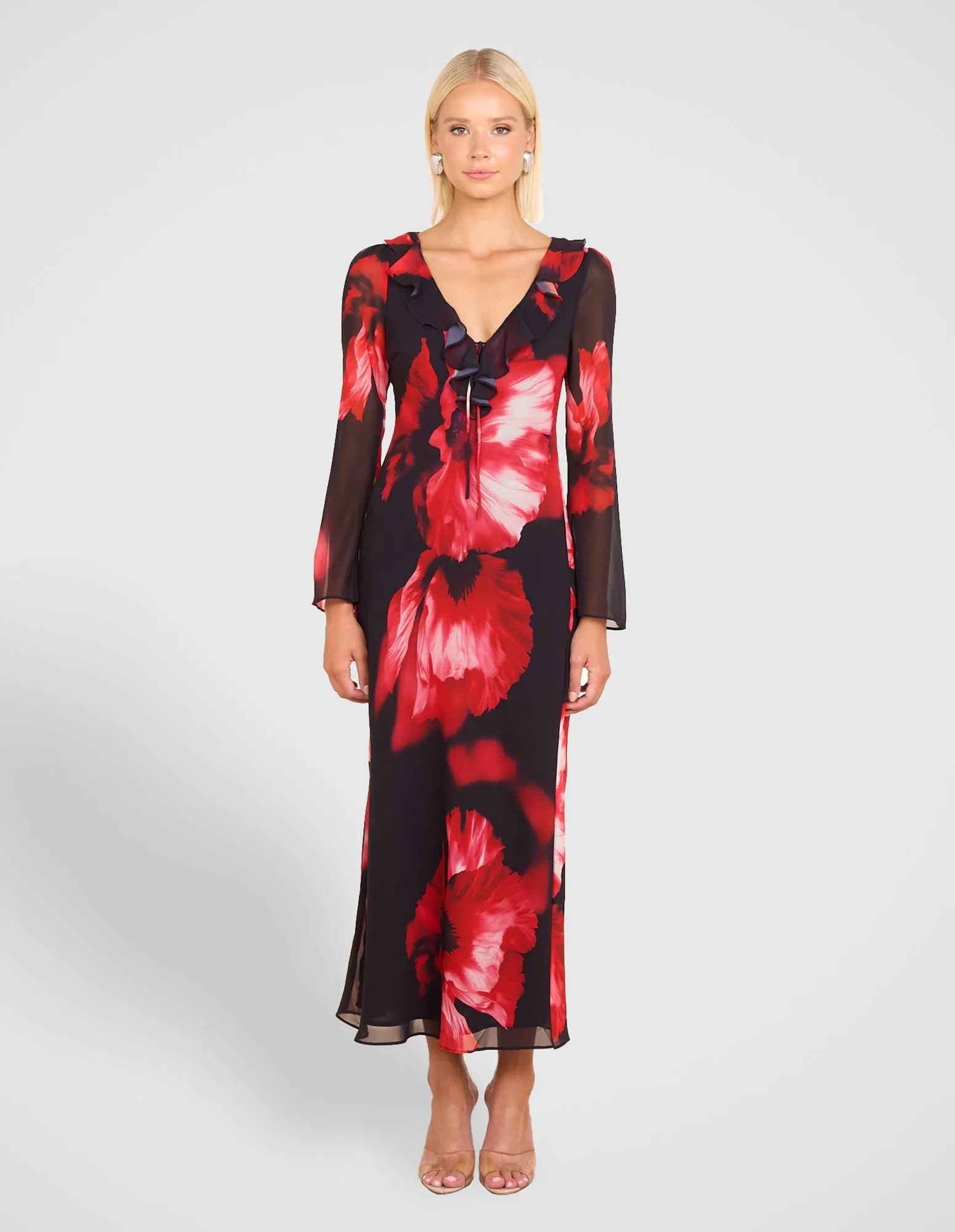 Evening-Wear Raela Frill Neck Maxi Dress