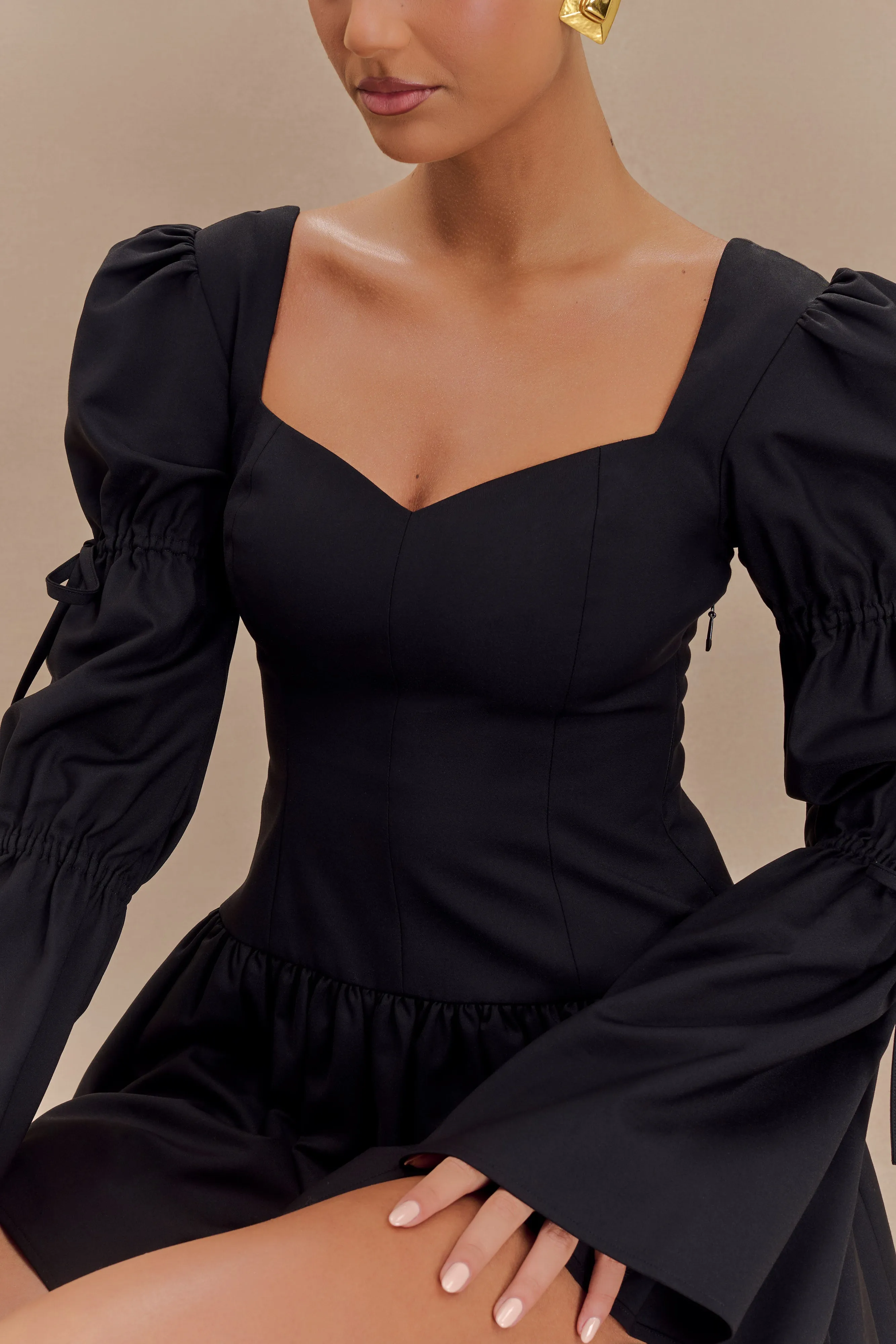 Raine Long Sleeve Cotton Mini Dress - Black Gathered Skirt