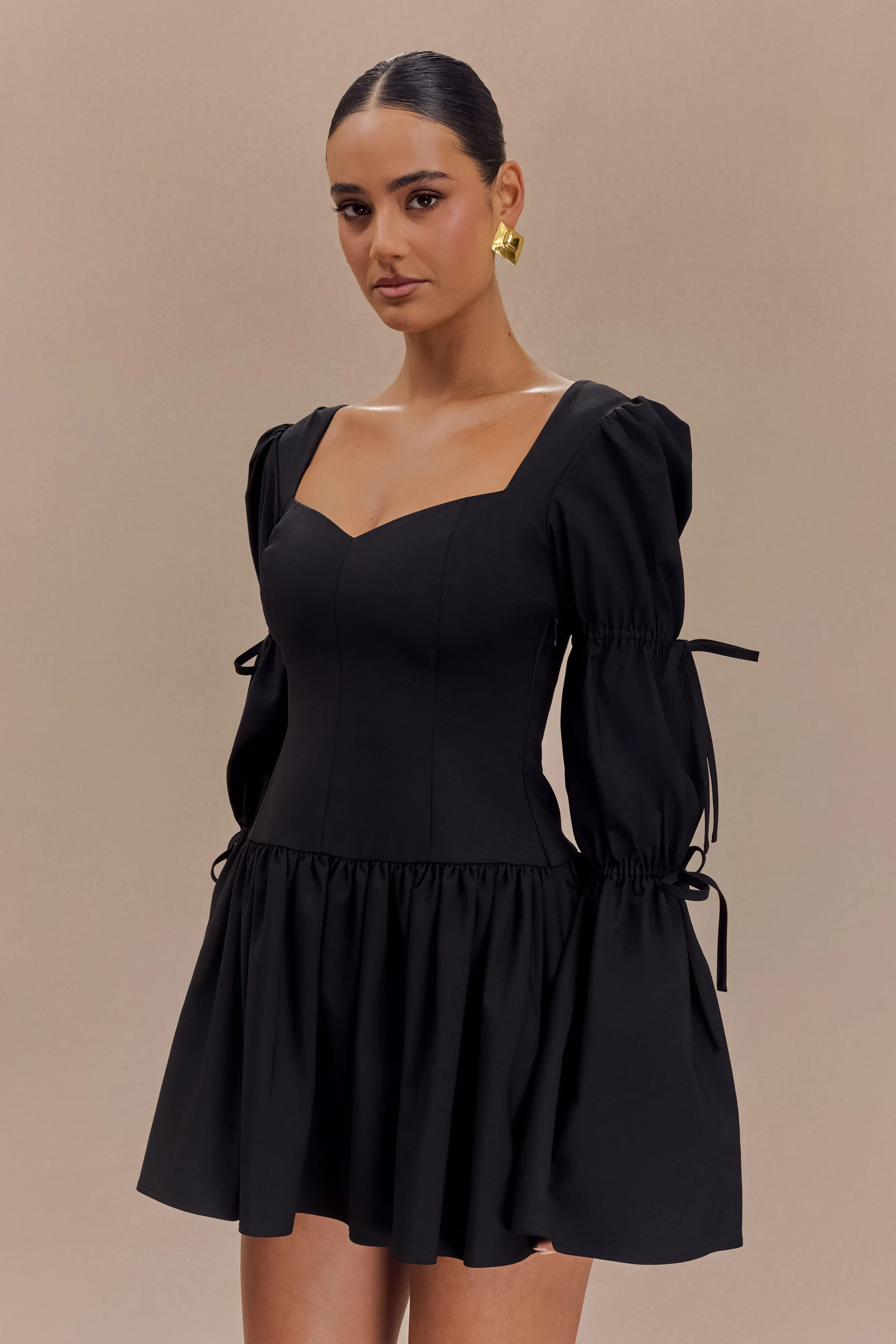 Raine Long Sleeve Cotton Mini Dress - Black Textured Flow